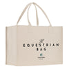 a beige canvas tote bag with the text "The EQUESTRIAN BAG" printed on it.