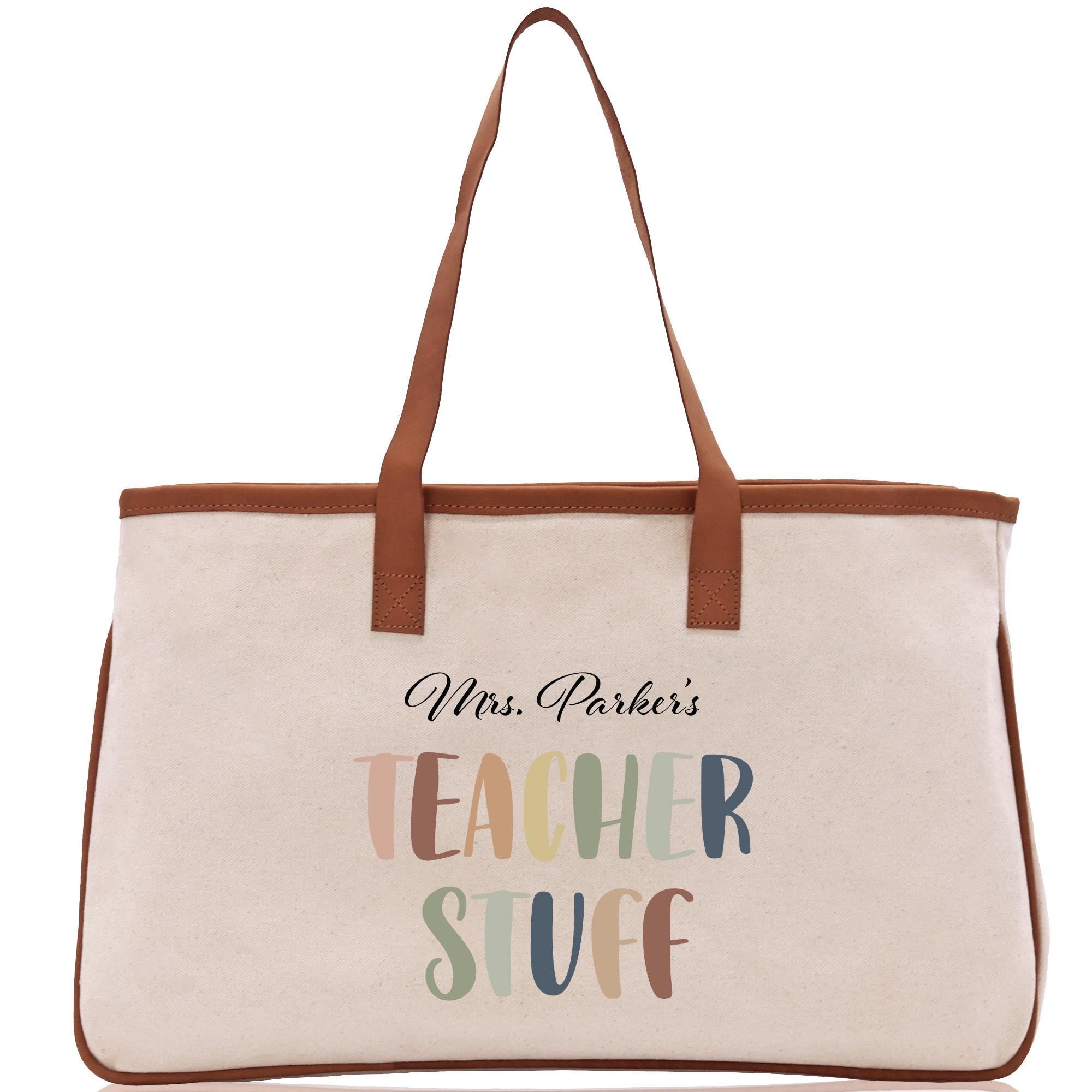 A beige canvas tote bag with a brown leather strap and the text &quot;Mrs. Parker&#39;s Teacher Stuff&quot; printed on it.