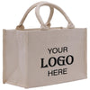 A beige canvas tote bag with the text "YOUR LOGO HERE" printed on it.