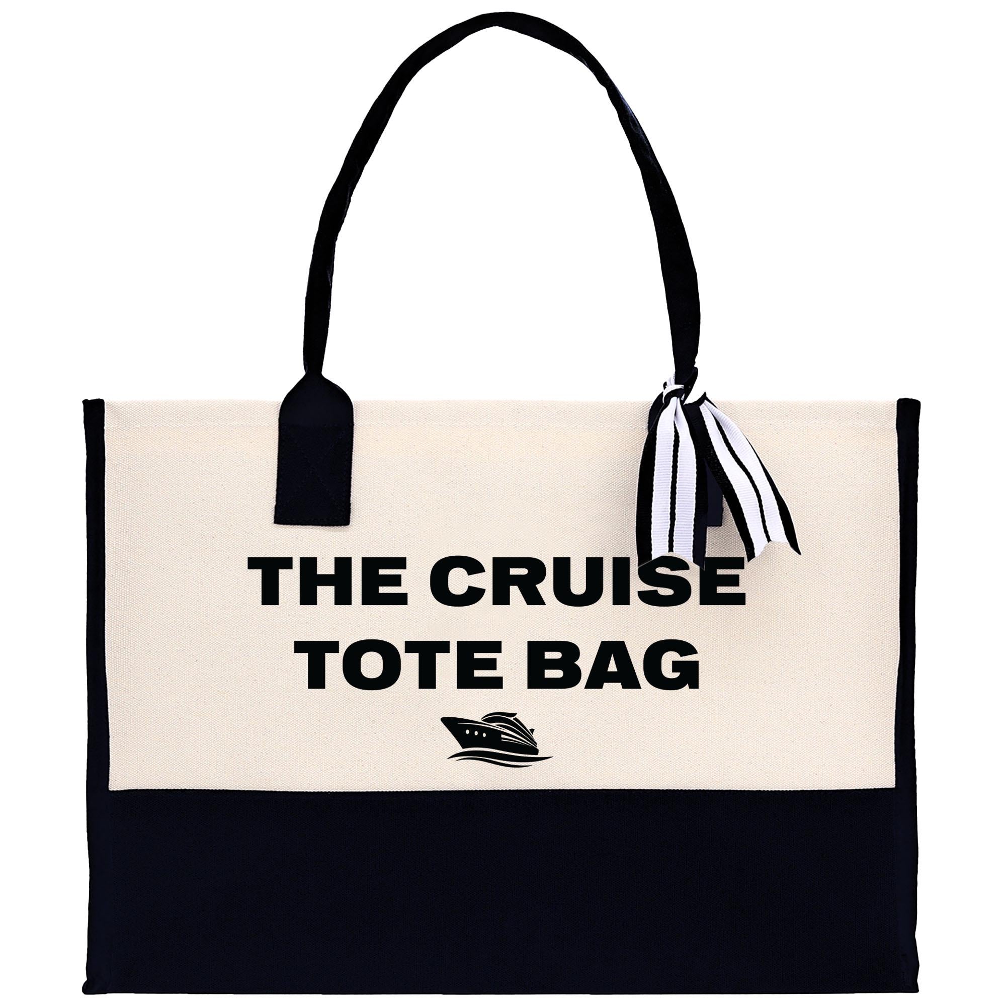 a black and white tote bag with the cruise tote bag on it