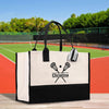a black and white bag with a tennis racket on it