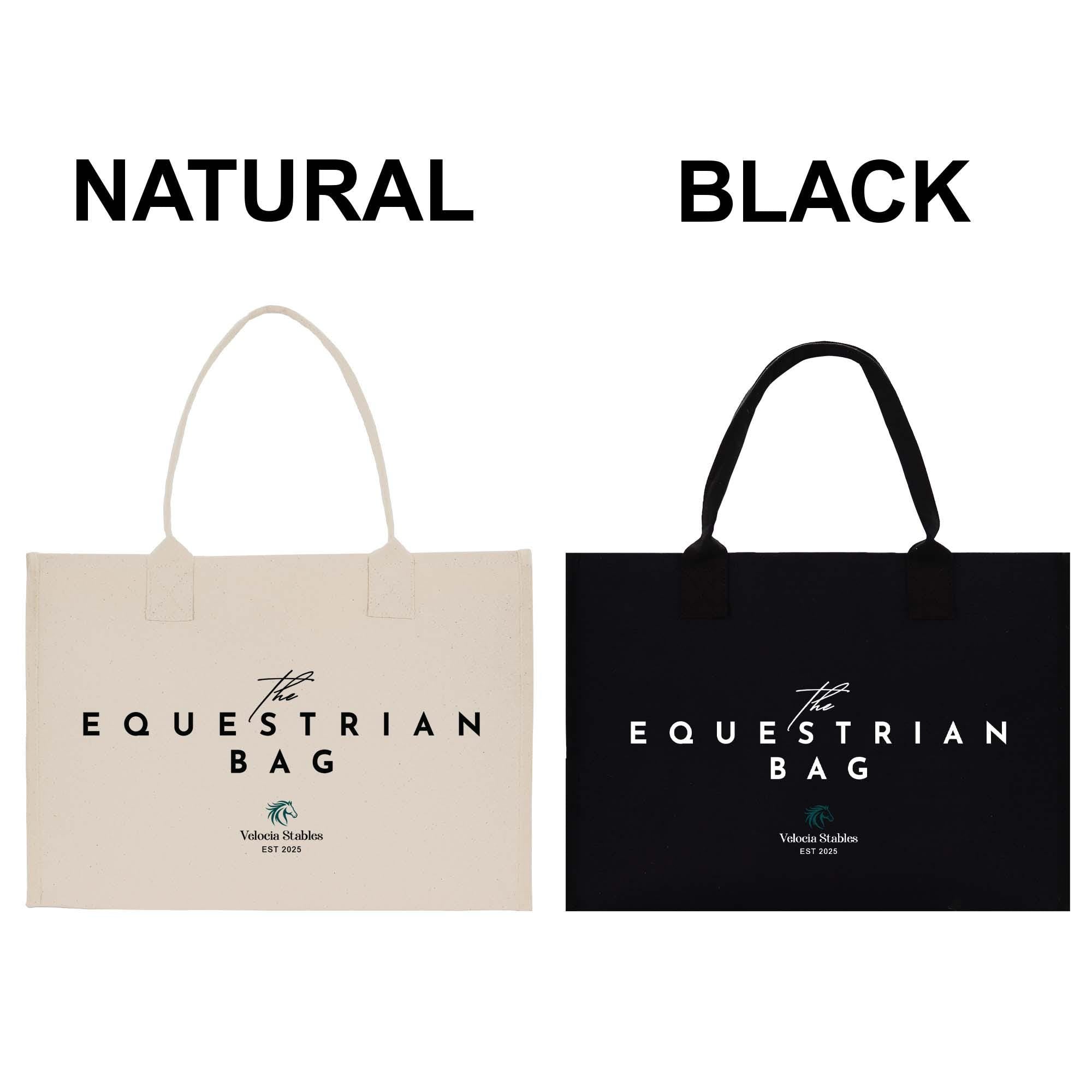 two bags, one beige and one black, with the text &quot;EQUESTRIAN BAG&quot; printed on them.