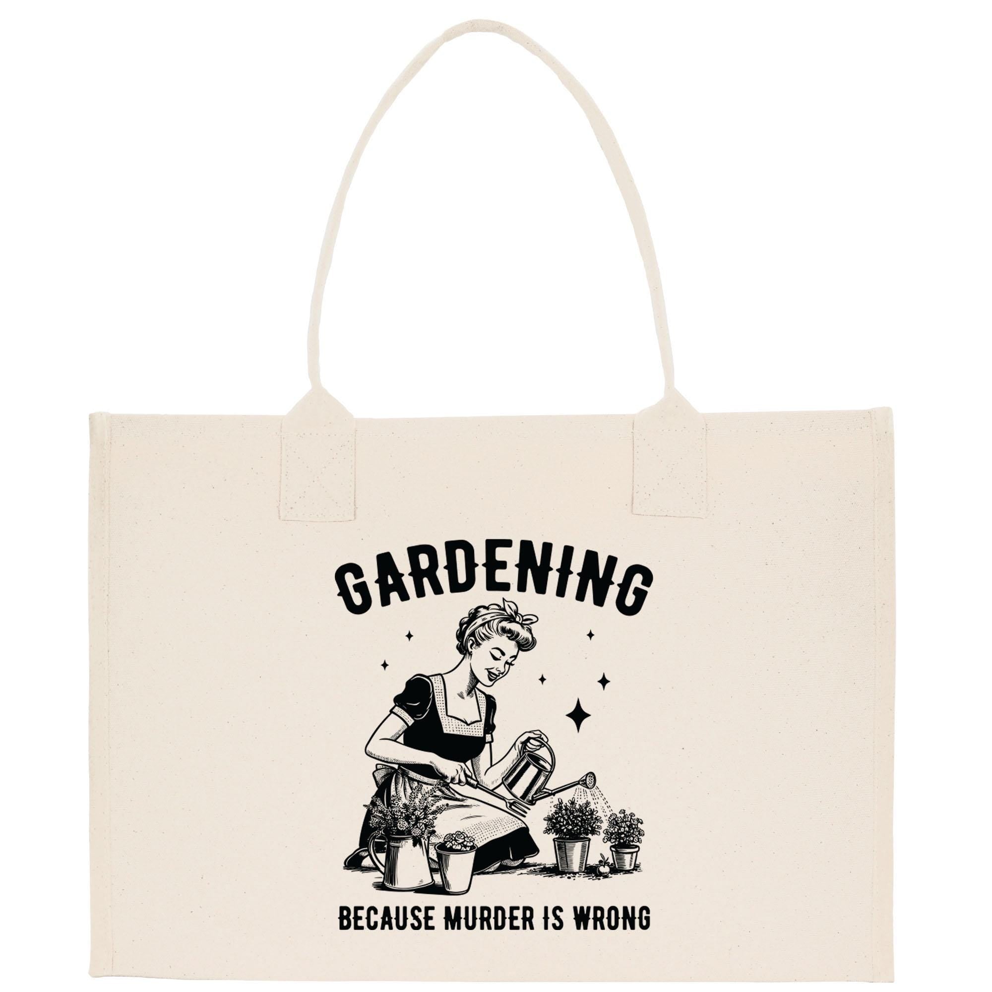 a tote bag with a picture of a woman gardening