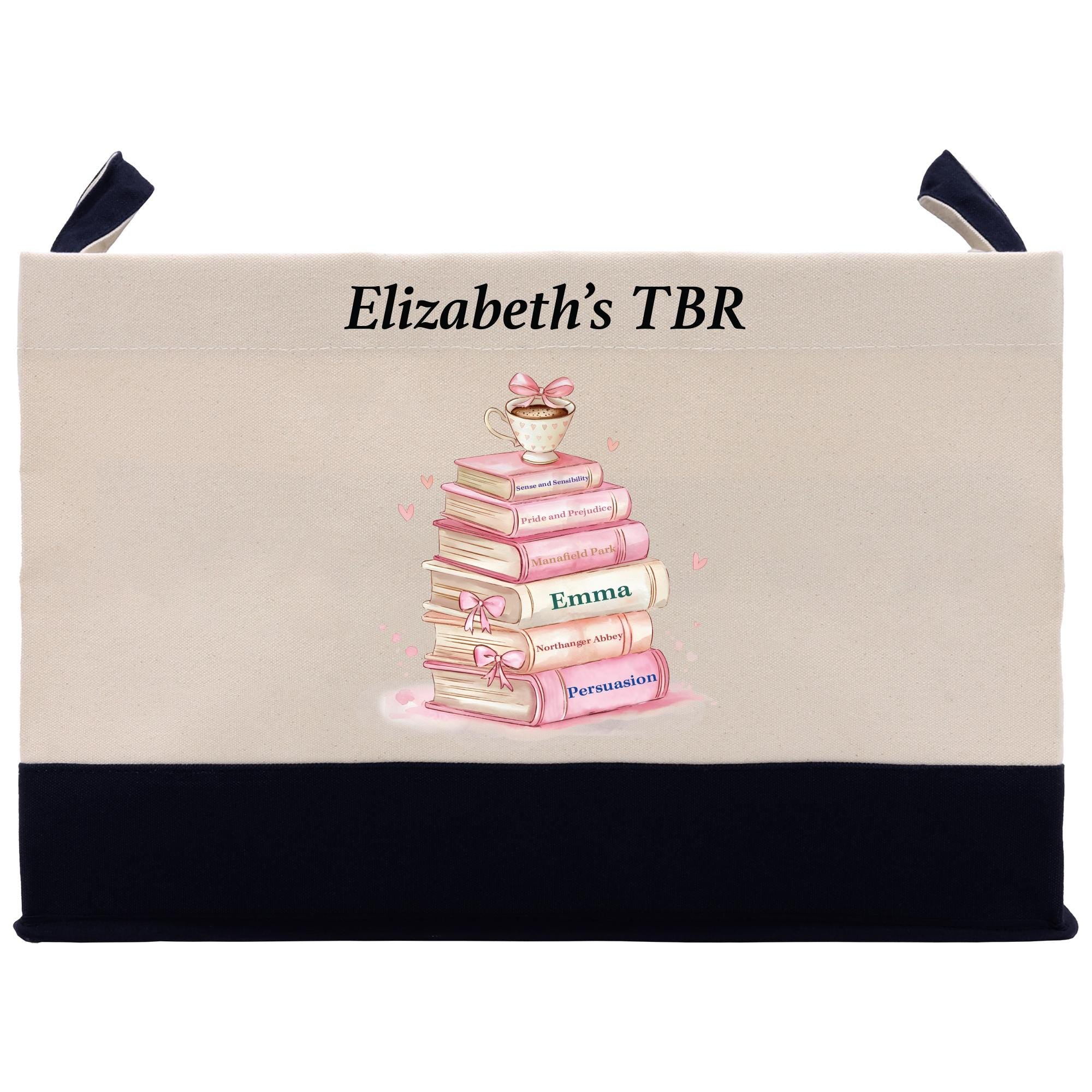 a bag with a picture of a stack of books on it