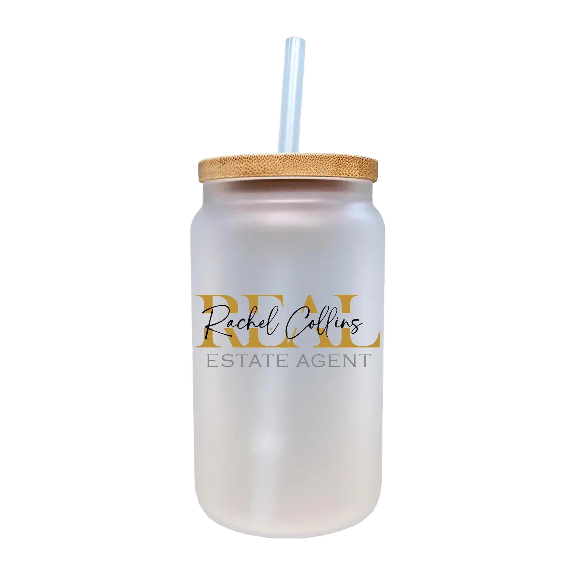 a white mason jar with a straw in it