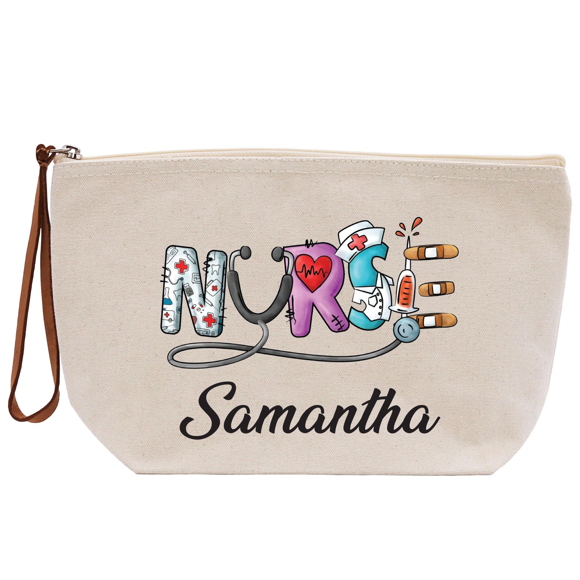 a white zippered bag with the words nurse on it