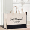 a tote bag with a bride and groom's names on it