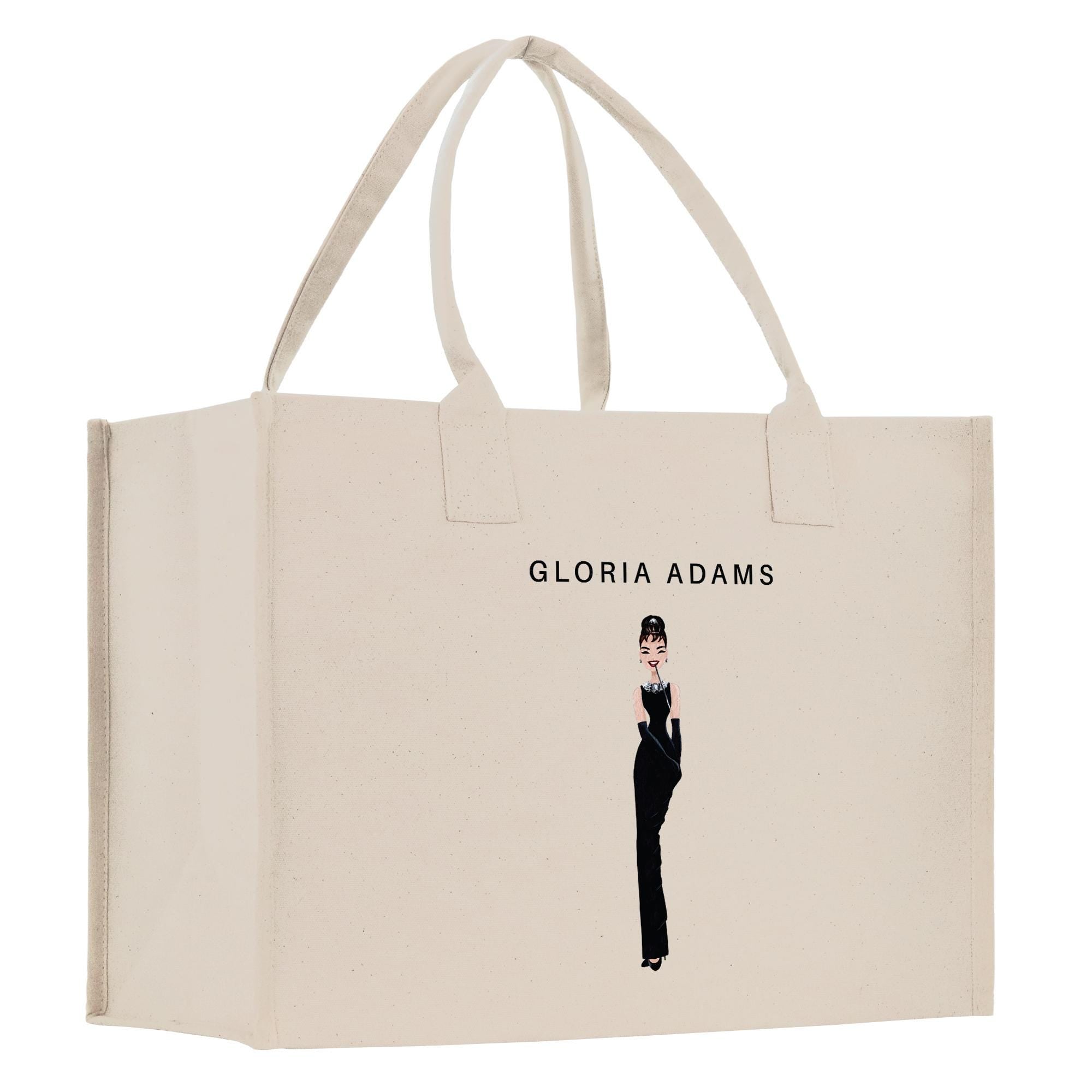 a white shopping bag with a picture of a woman in a tuxedo