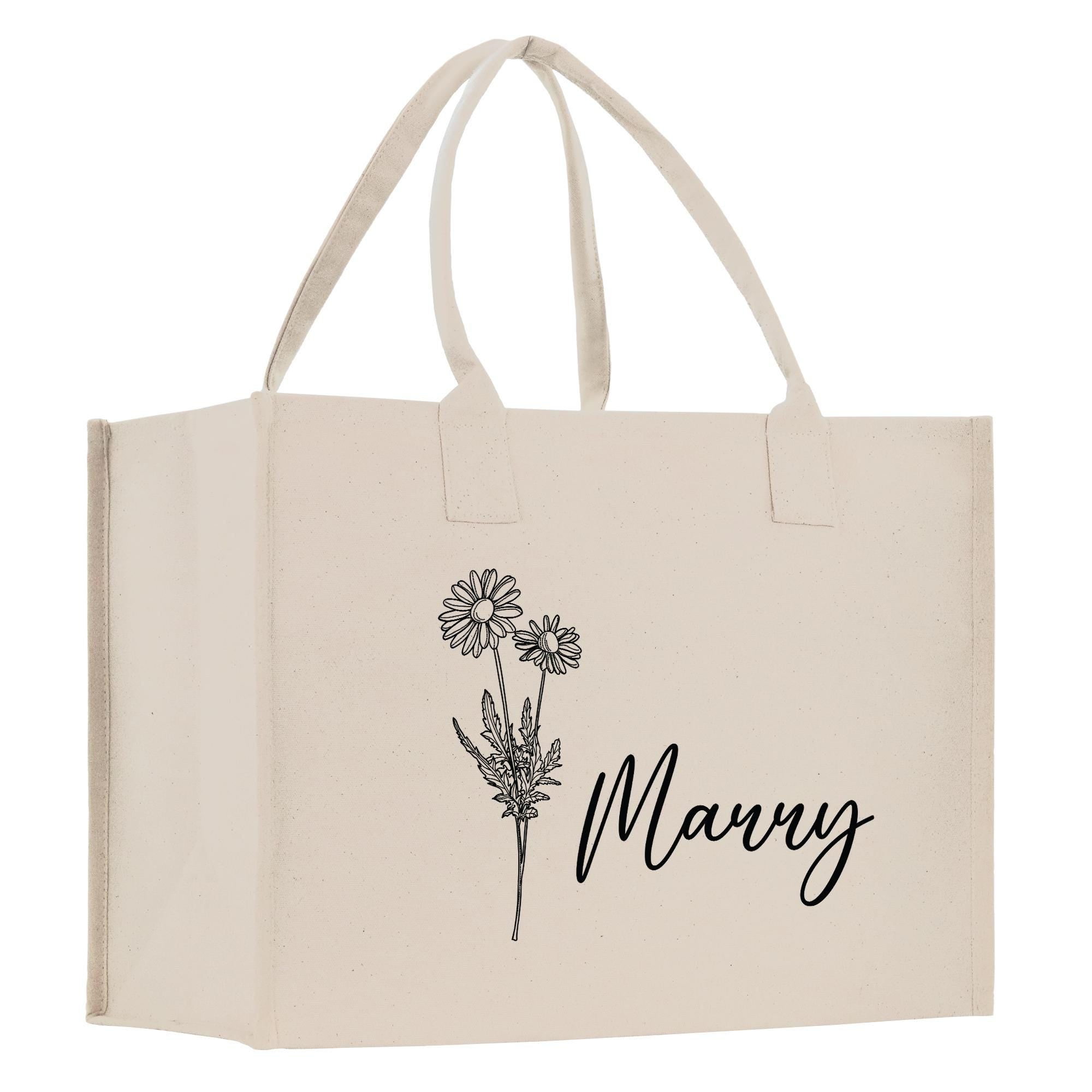 A beige canvas tote bag with a floral design and the word &quot;Marry&quot; printed on it.