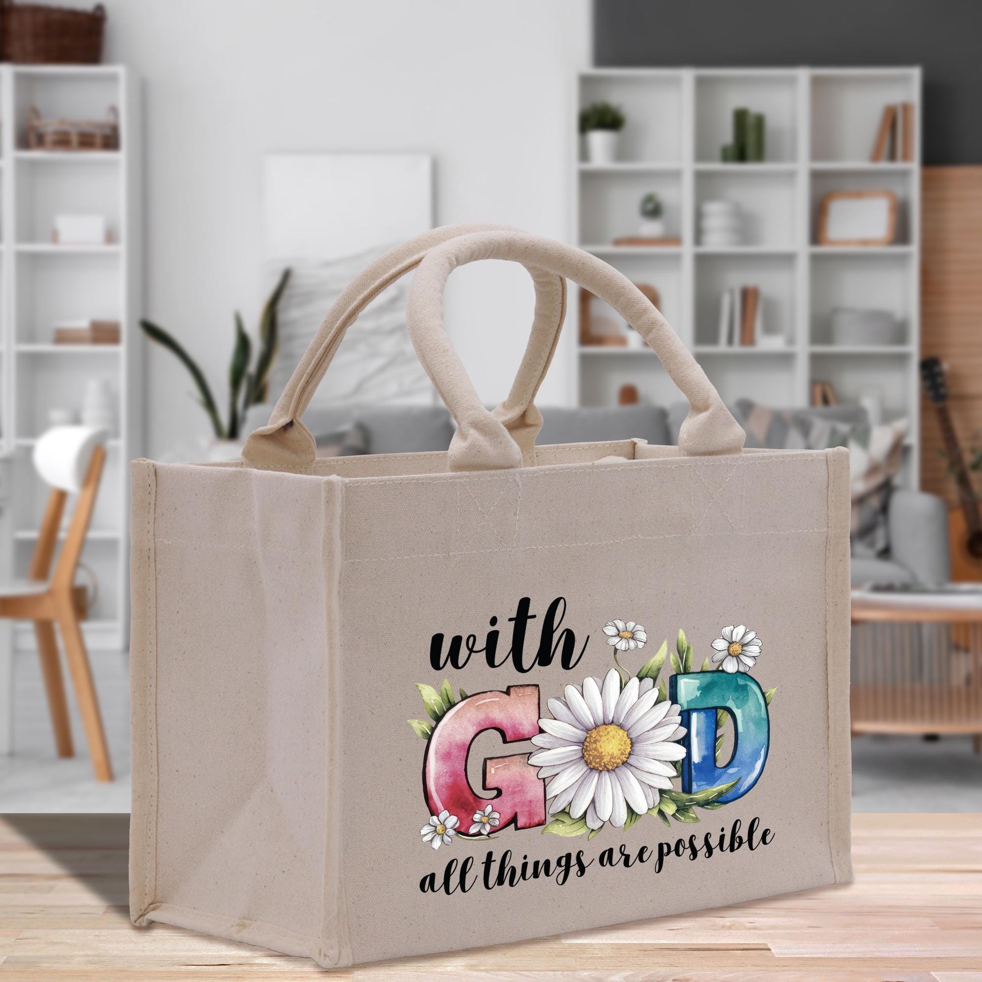 a shopping bag with the words, with god all things are possible