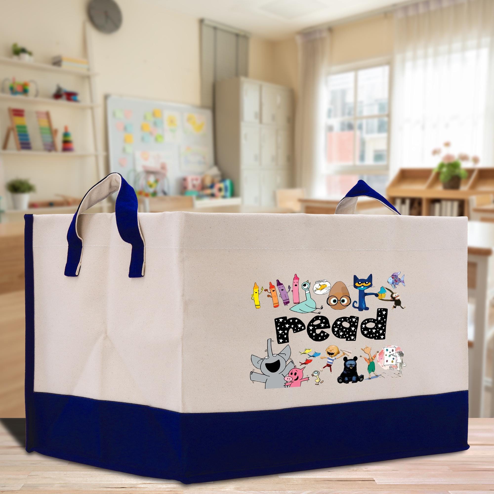 a white bag with a blue bottom and a blue handle