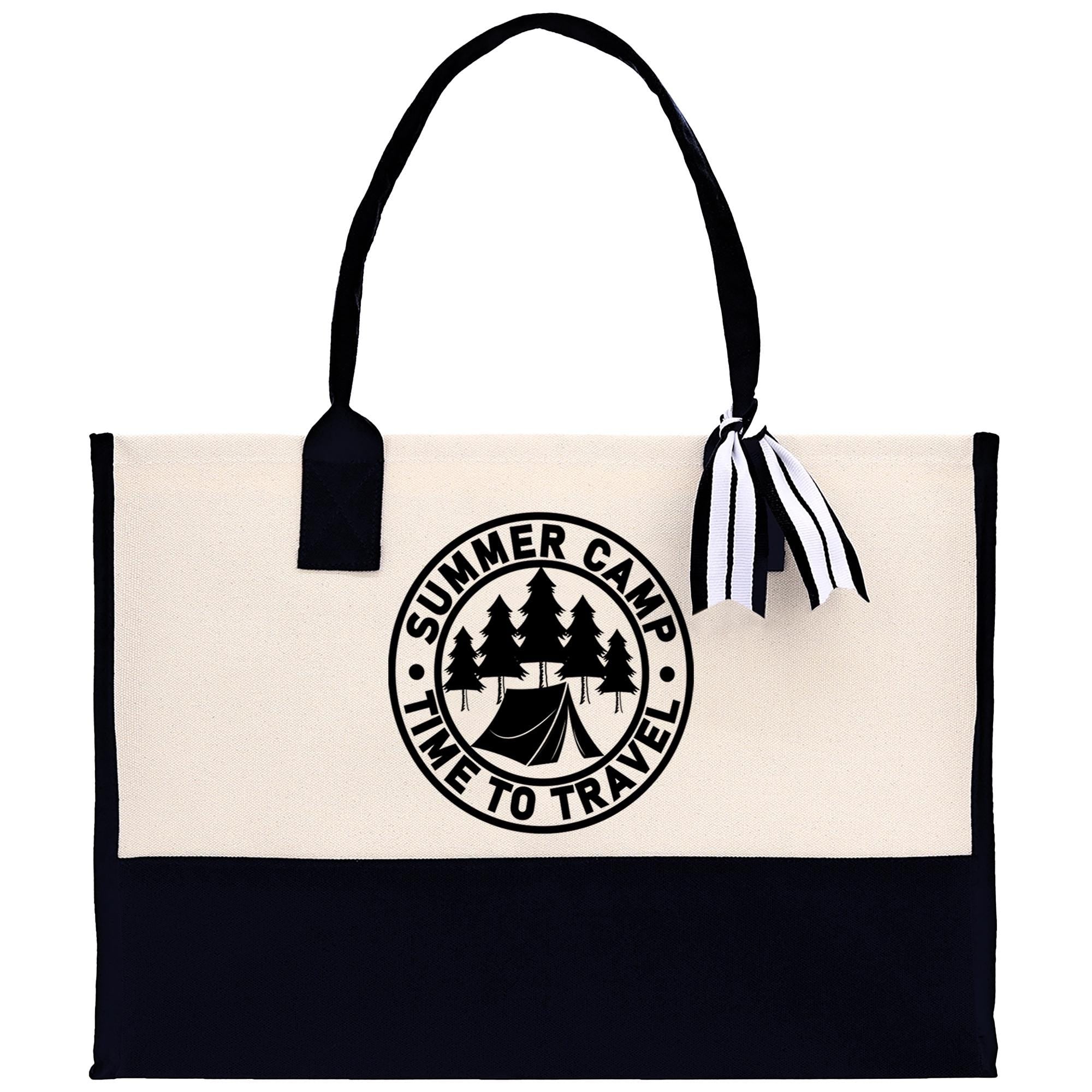 A tote bag with a black and white design featuring a camping scene and the text "Summer Camp Time to Travel".