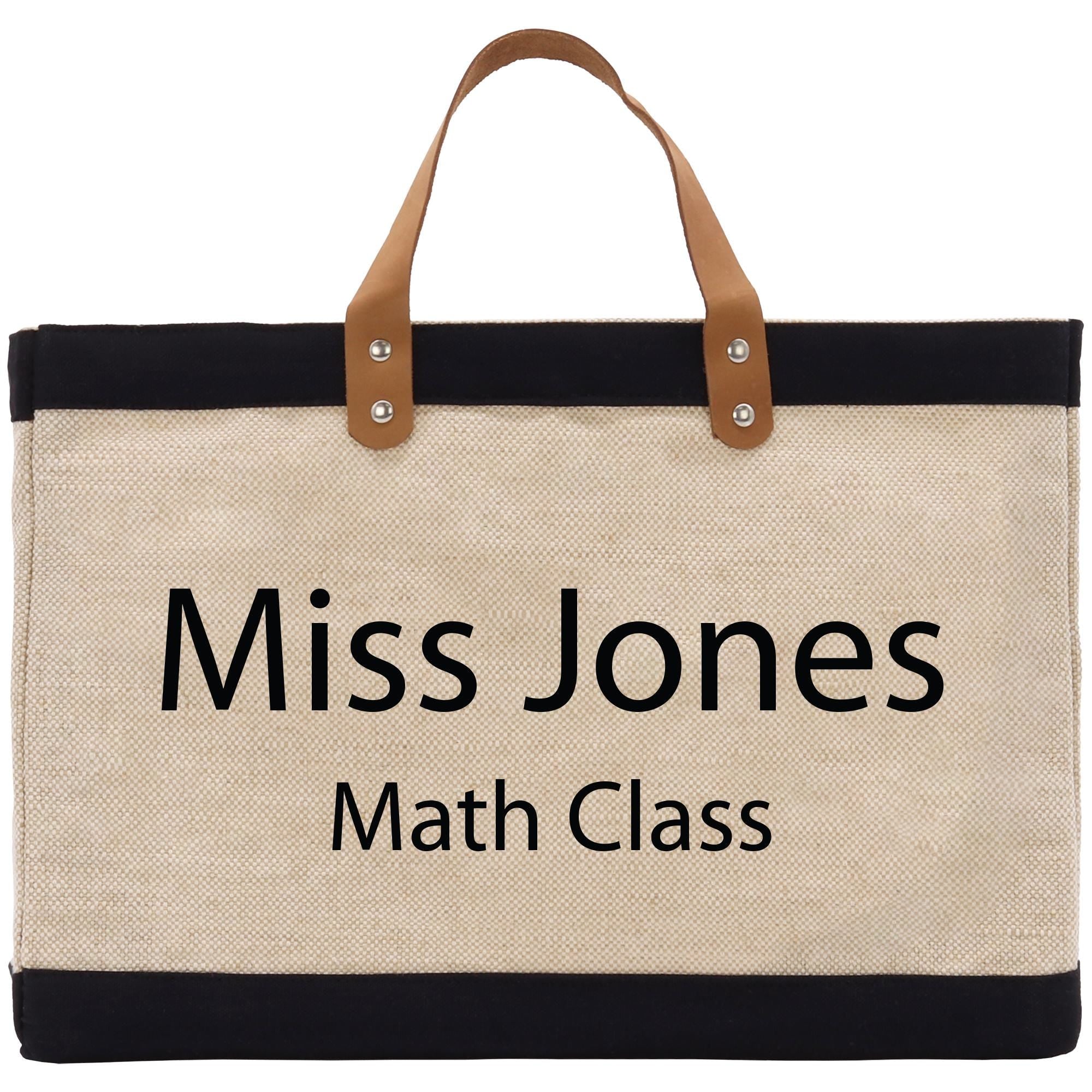 a black and white bag with the words miss jones on it