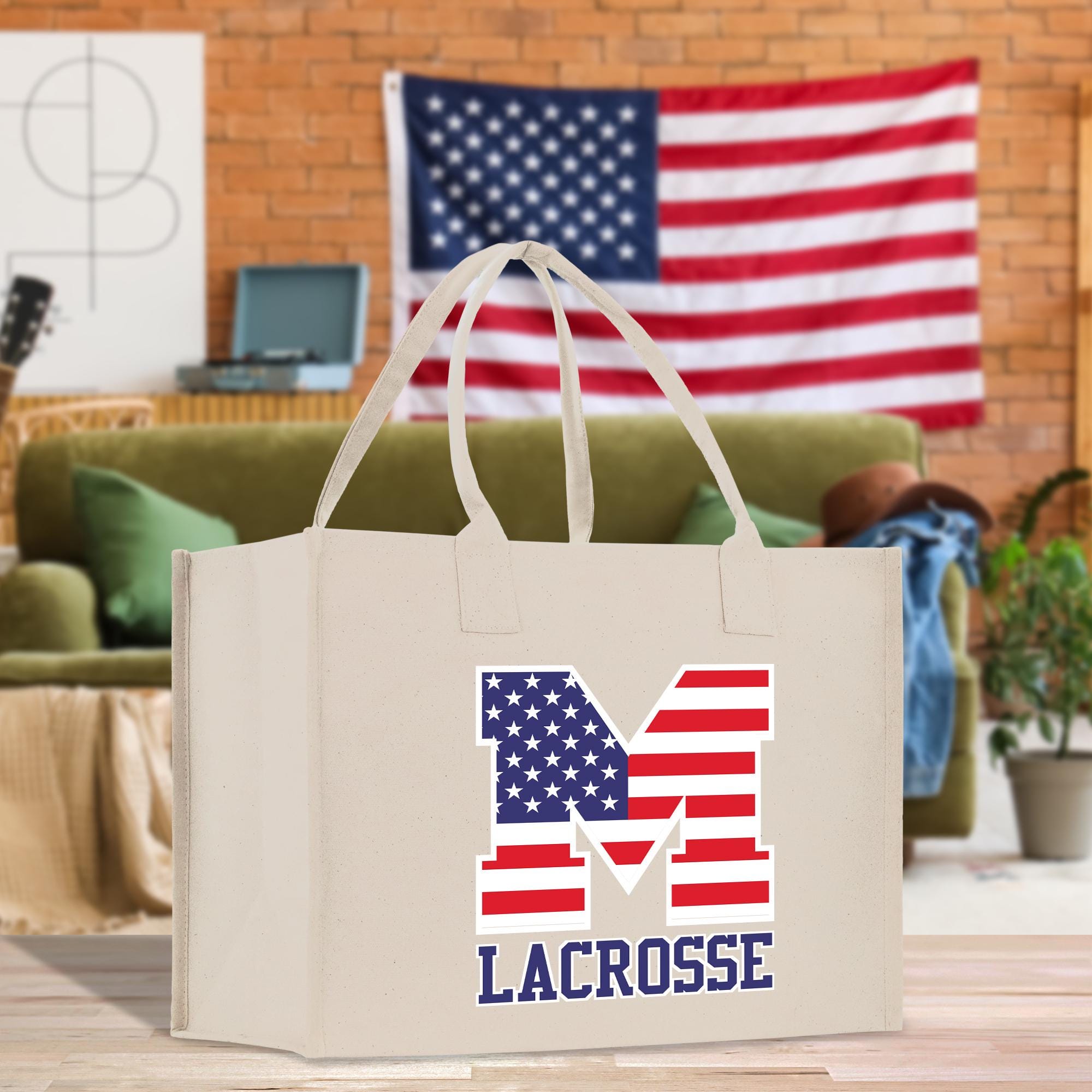 a white bag with the word lacrosse on it