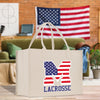 a white bag with the word lacrosse on it