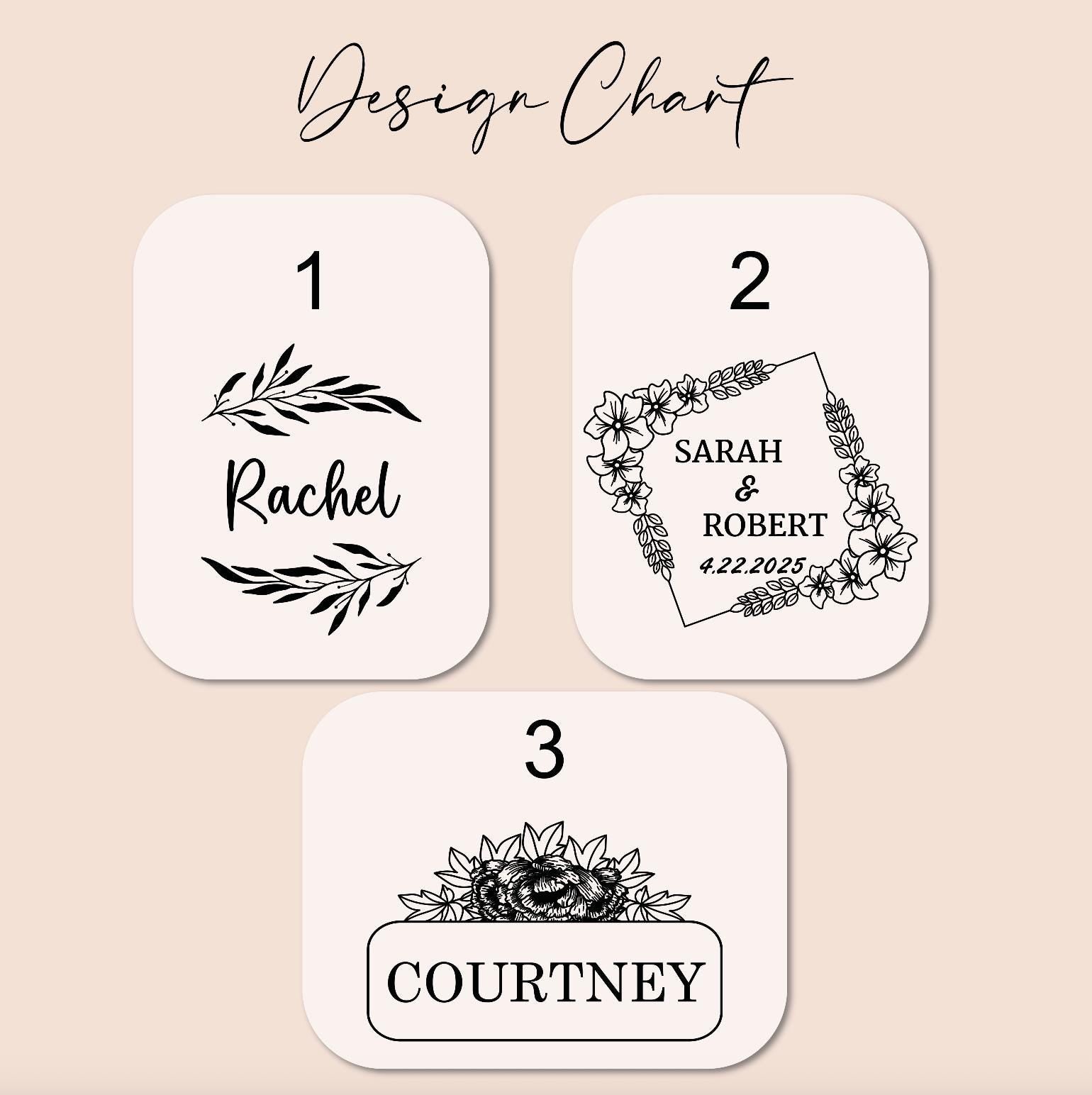 three design charts, each with a unique floral design and text. The charts are labeled with the names &quot;Rachael&quot;, &quot;Sara & Robert&quot;, and &quot;Courtney&quot;.