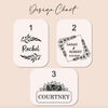 three design charts, each with a unique floral design and text. The charts are labeled with the names "Rachael", "Sara & Robert", and "Courtney".