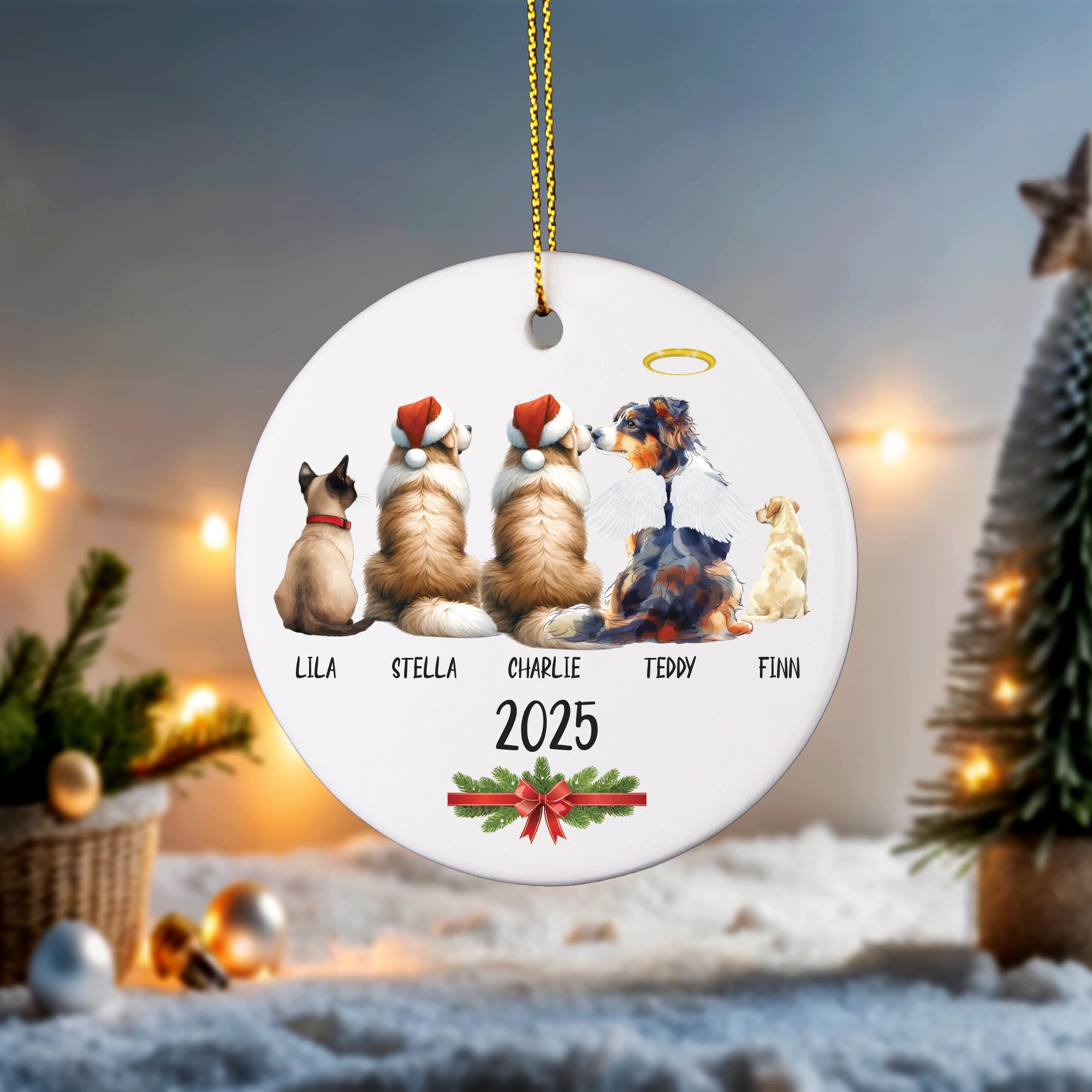 a christmas ornament with three dogs on it