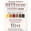 three separate sections, each with a different focus on character selection and hair color customization. The first section displays a collection of cartoon-style character illustrations, the second section provides a guide on how to personalize the character selection, and the third section shows a step-by-step guide on how to customize the hair color.
