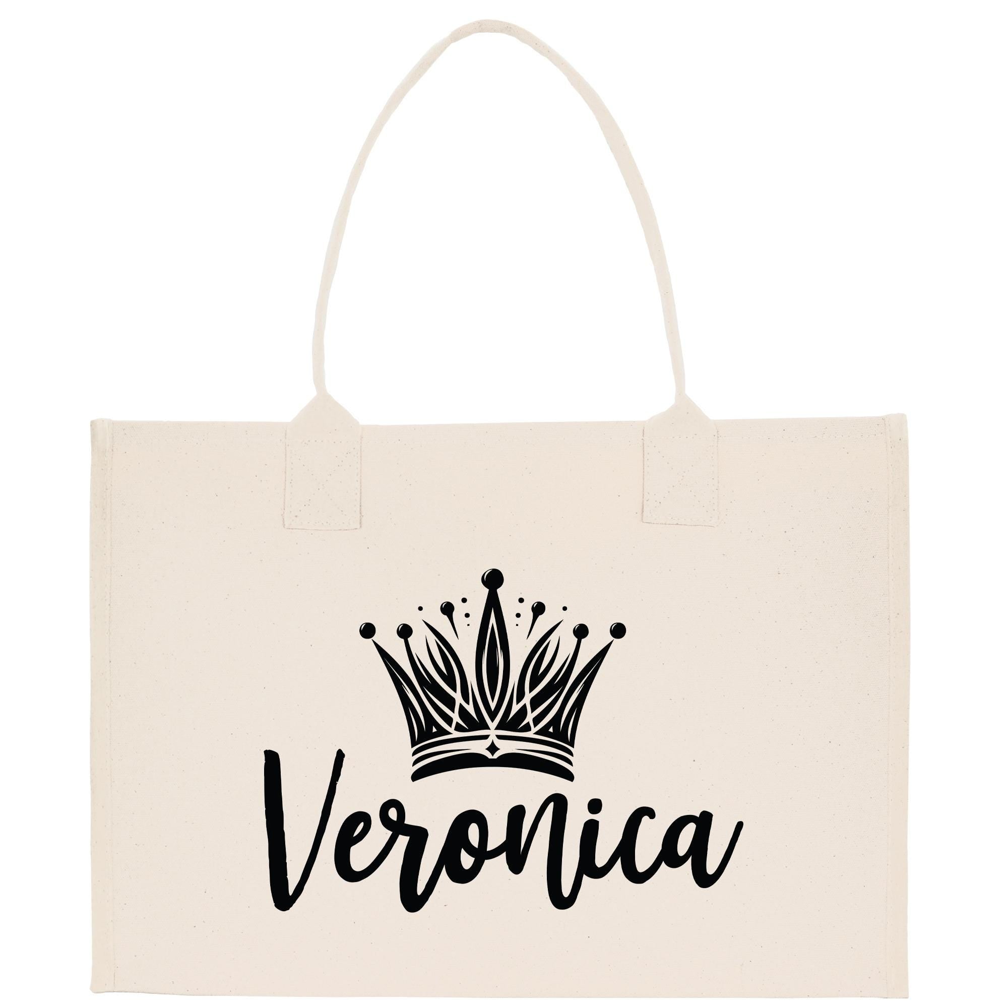 A beige canvas tote bag with a black crown design and the name &quot;Veronica&quot; printed on it.