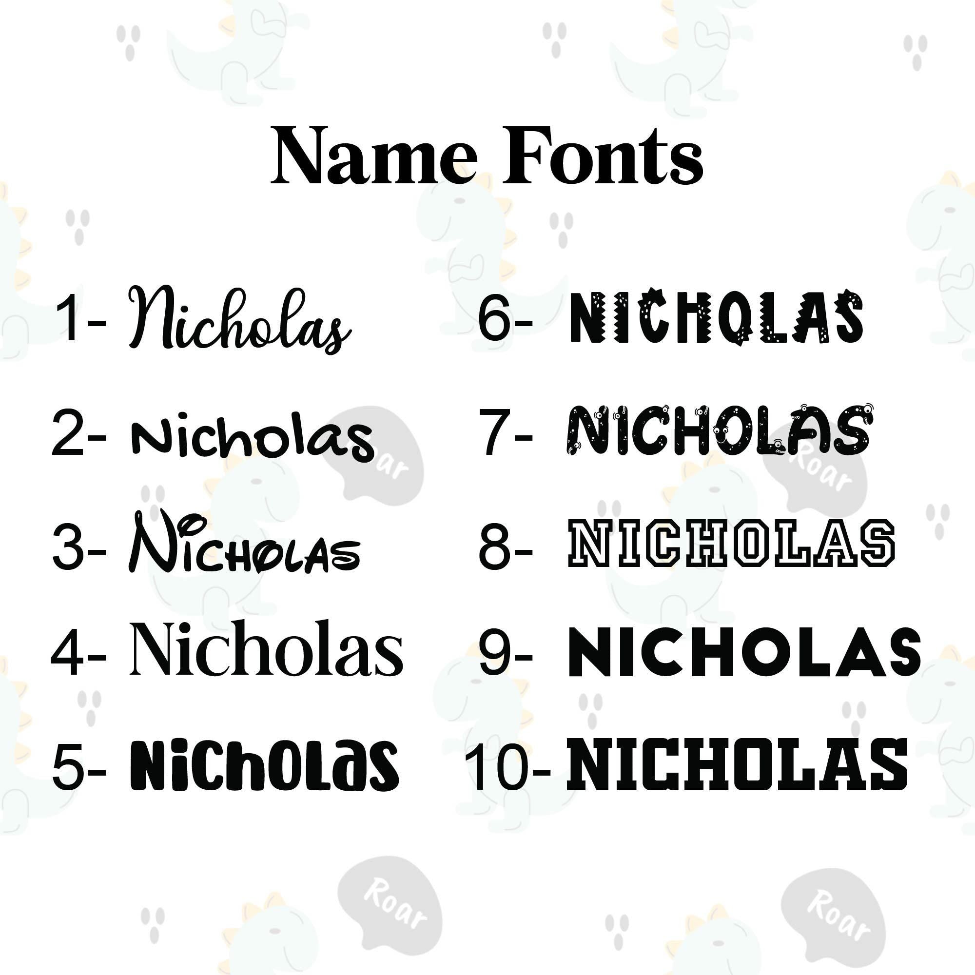 a list of names and corresponding font styles for each name, ranging from 1 to 10.