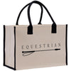 A beige canvas tote bag with black handles and trim, featuring the word "EQUESTRIAN" printed on it.