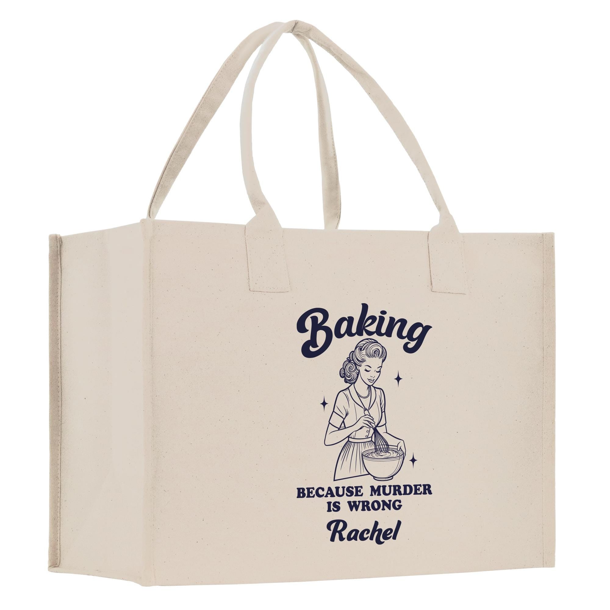 a white shopping bag with a picture of a woman cooking