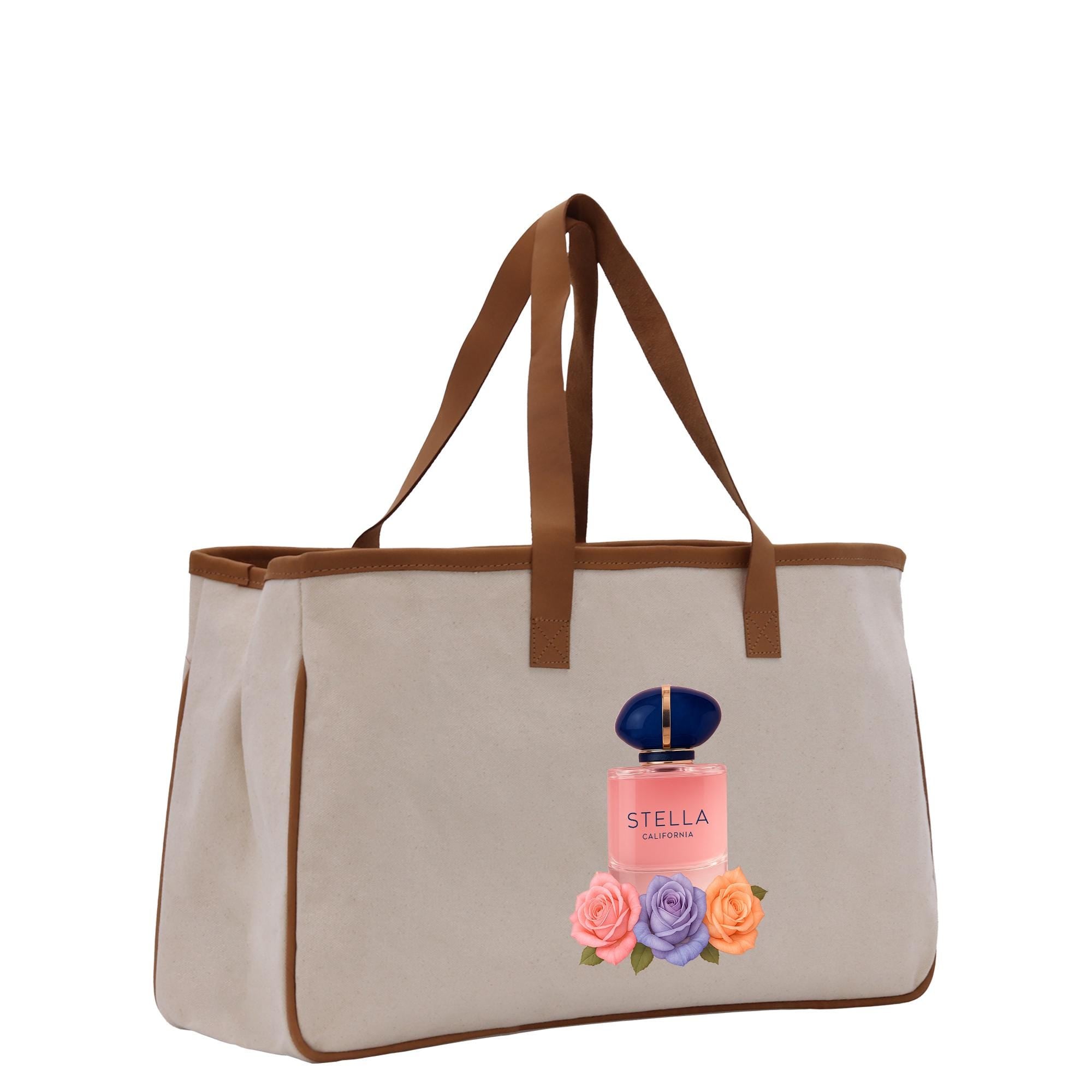 A beige canvas tote bag with a printed image of a perfume bottle and flowers on it.