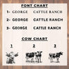 a font chart with three different font names and corresponding cow illustrations.