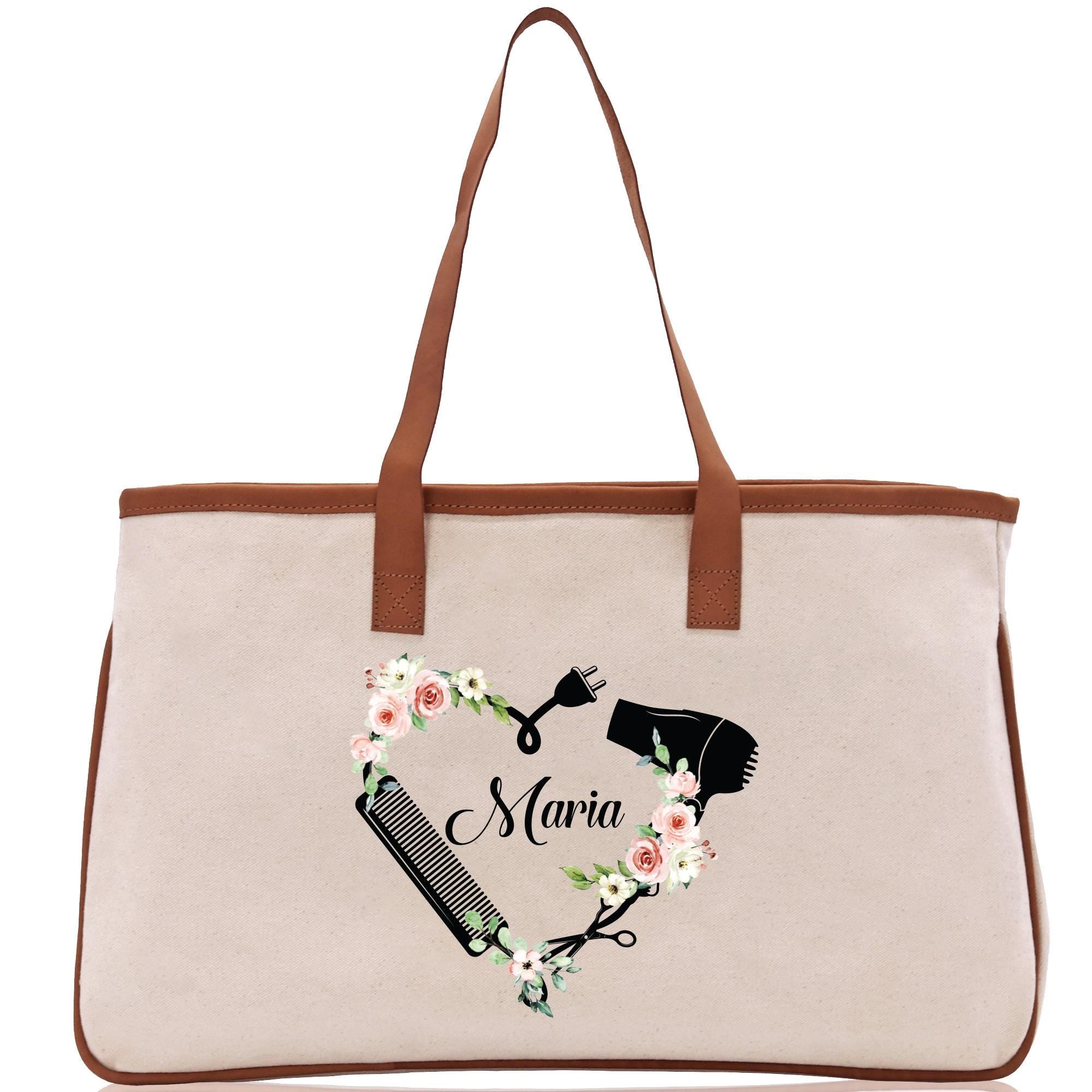 a personalized canvas tote bag with a hairdryer and flowers