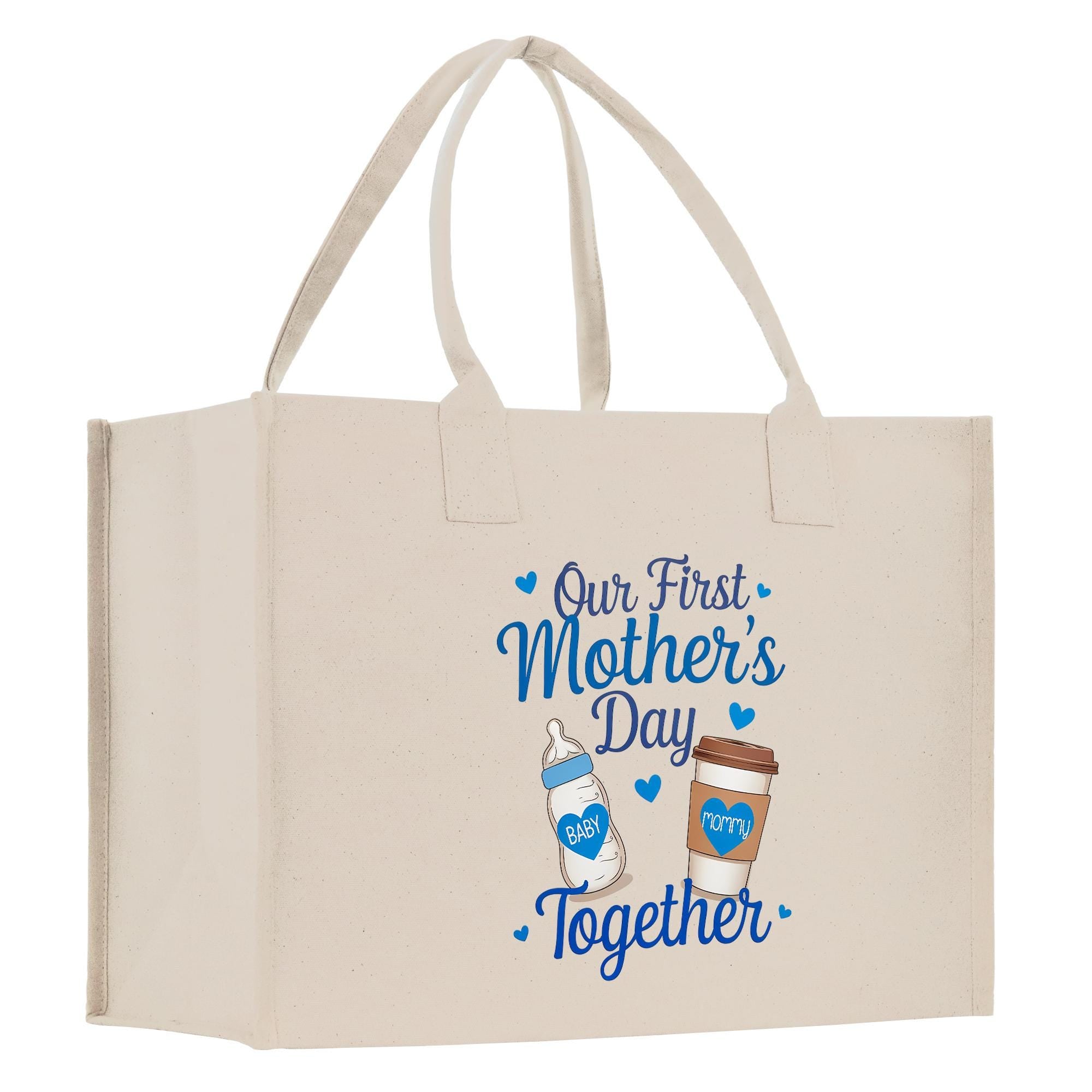 a canvas bag with the words, our first mother&#39;s day together