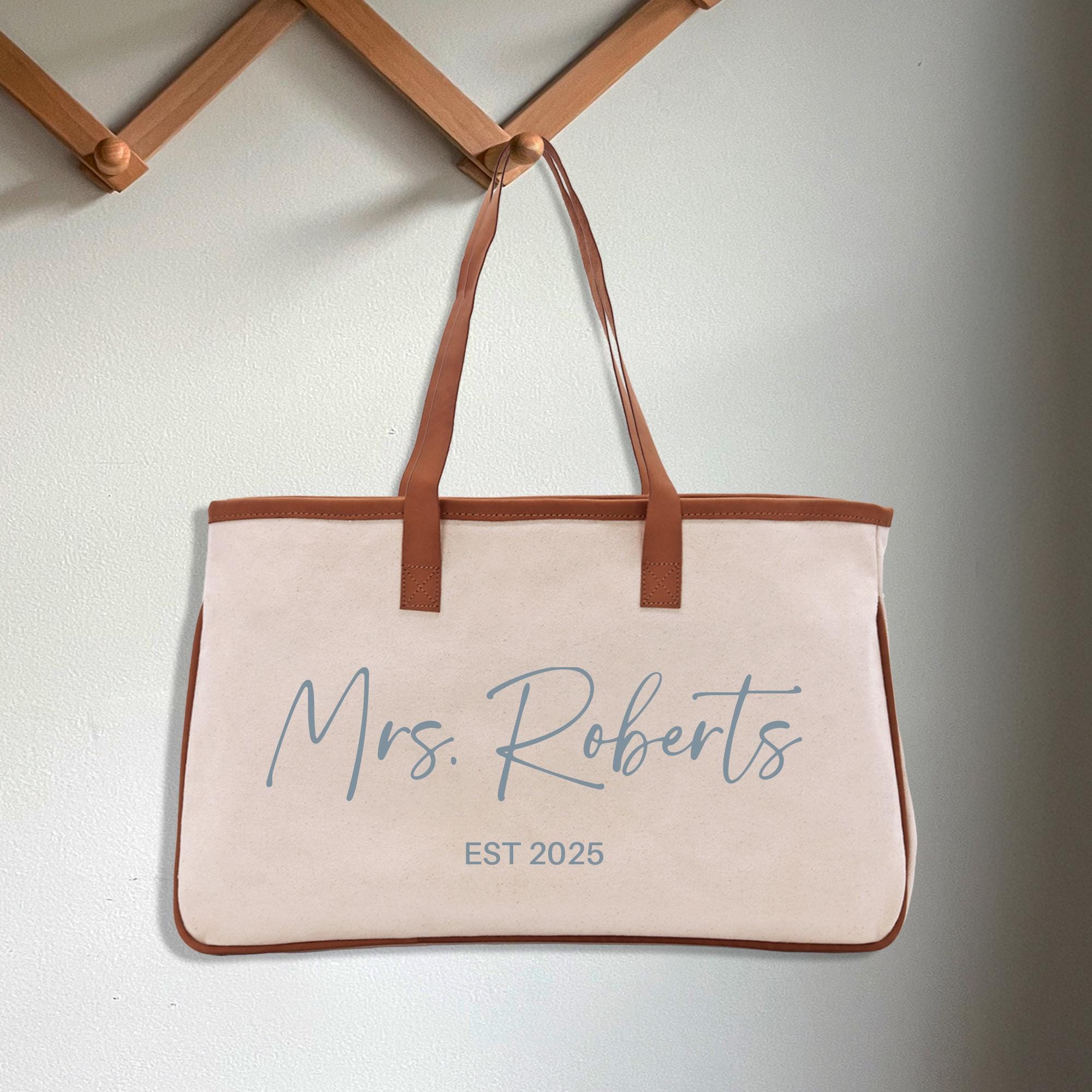 Mrs. Last Name Est Year Tote Bag Personalized Date Wedding Tote Bridal Shower Gift Honeymoon Gift Custom Wedding Bridesmaid Gift (BTB1045)