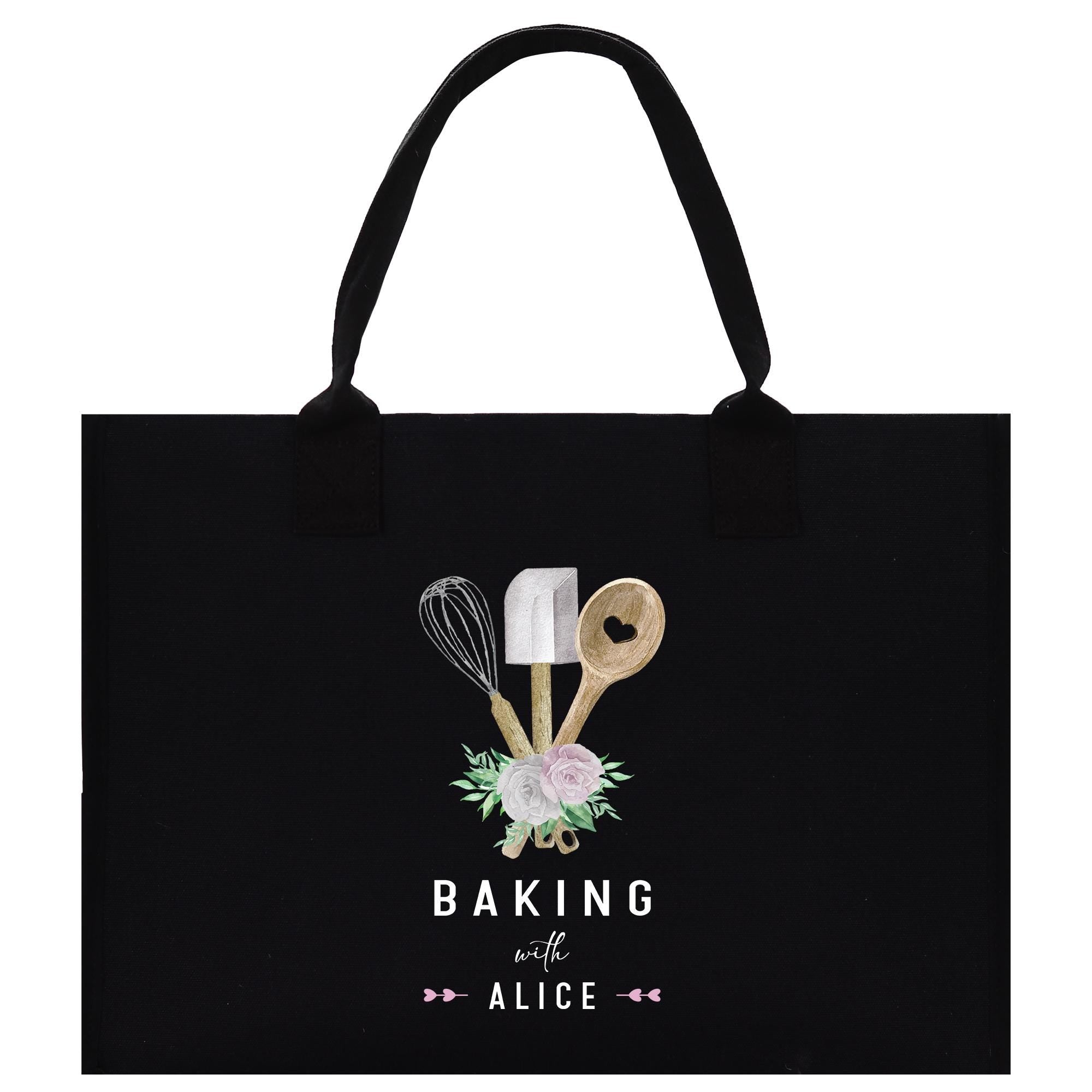 A black tote bag with a floral design and the text &quot;Baking with Alice&quot; printed on it.