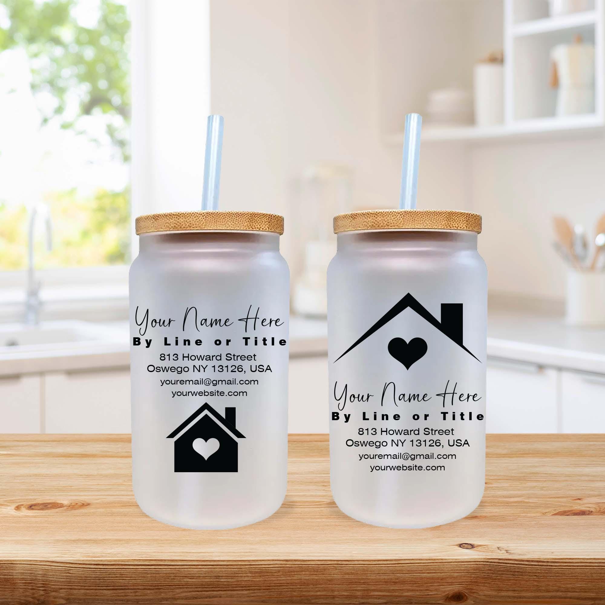 two personalized mason jars on a kitchen counter