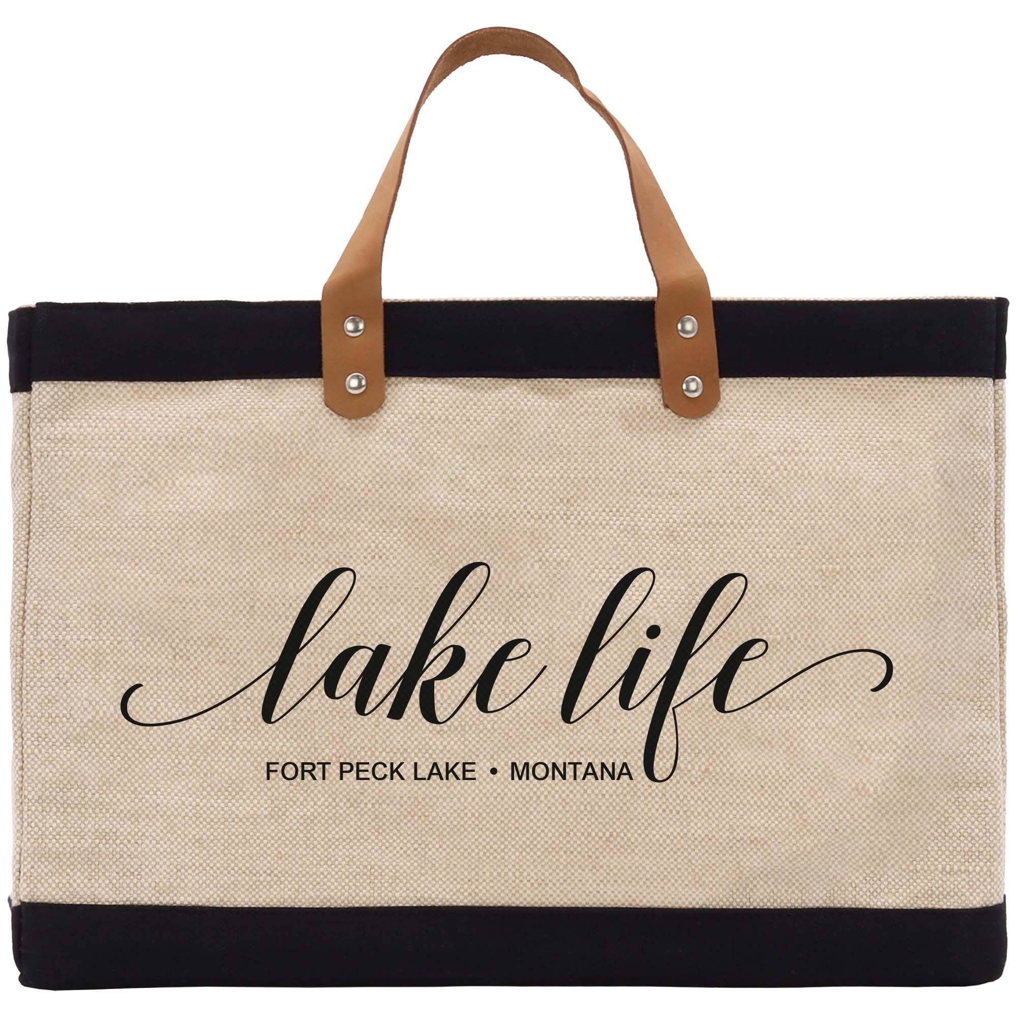 a black and white bag with the words lake life on it