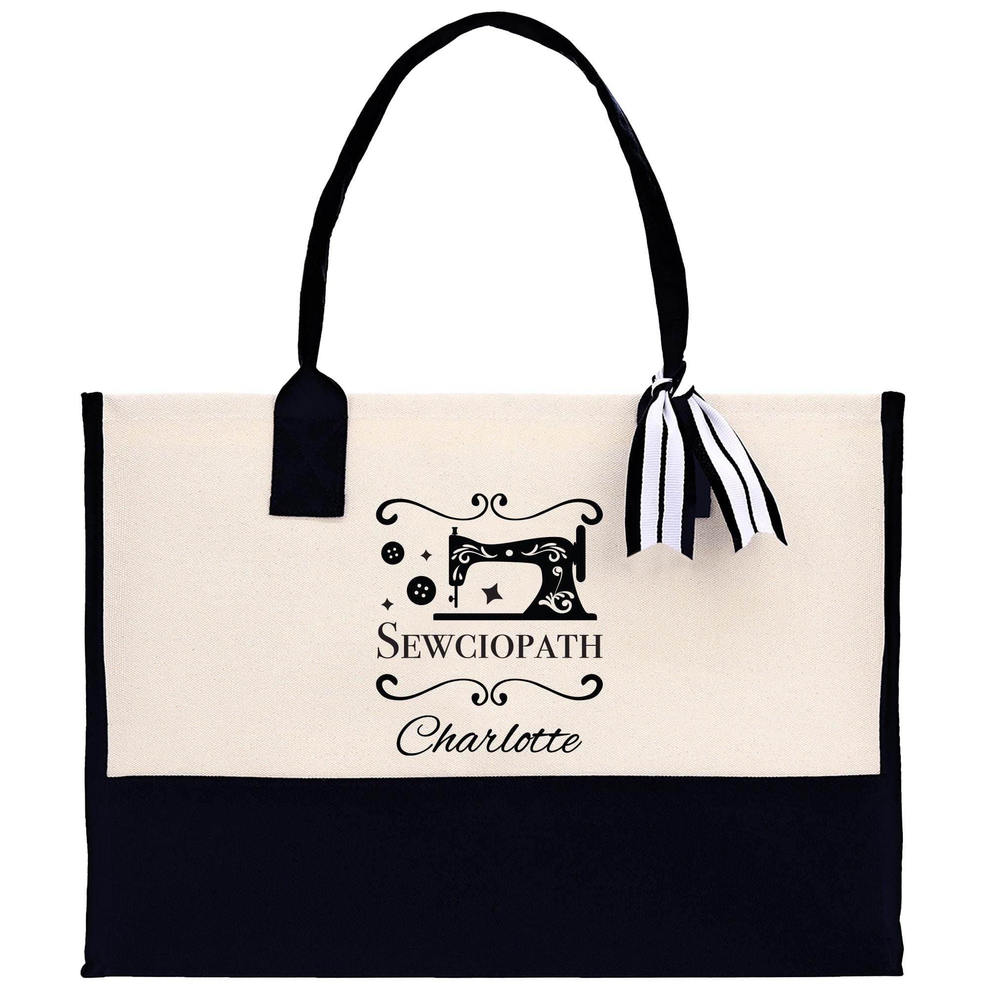a black and white bag with a sewing machine on it