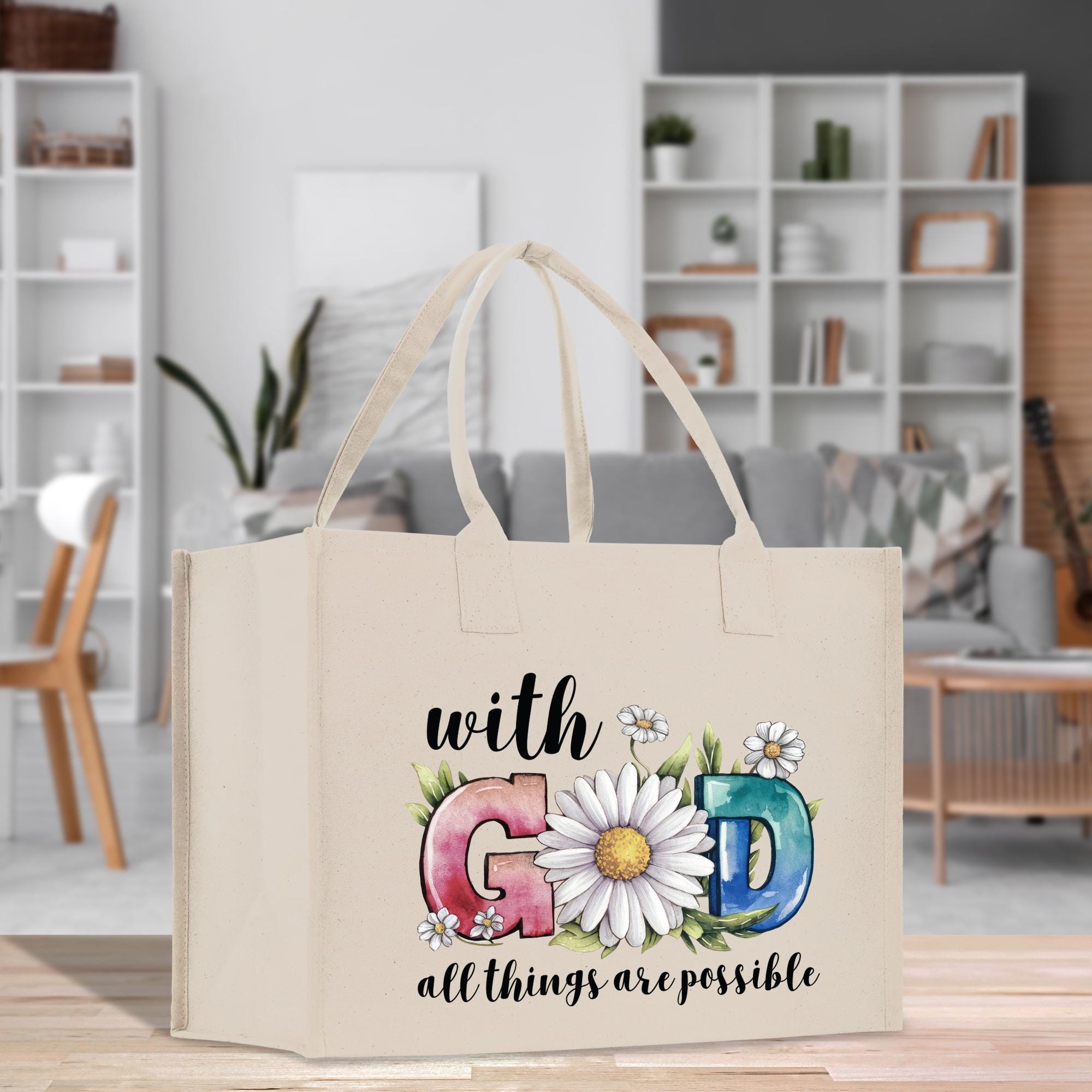 a canvas bag with the words with god all things are possible