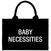 a black bag with a baby necessities written on it