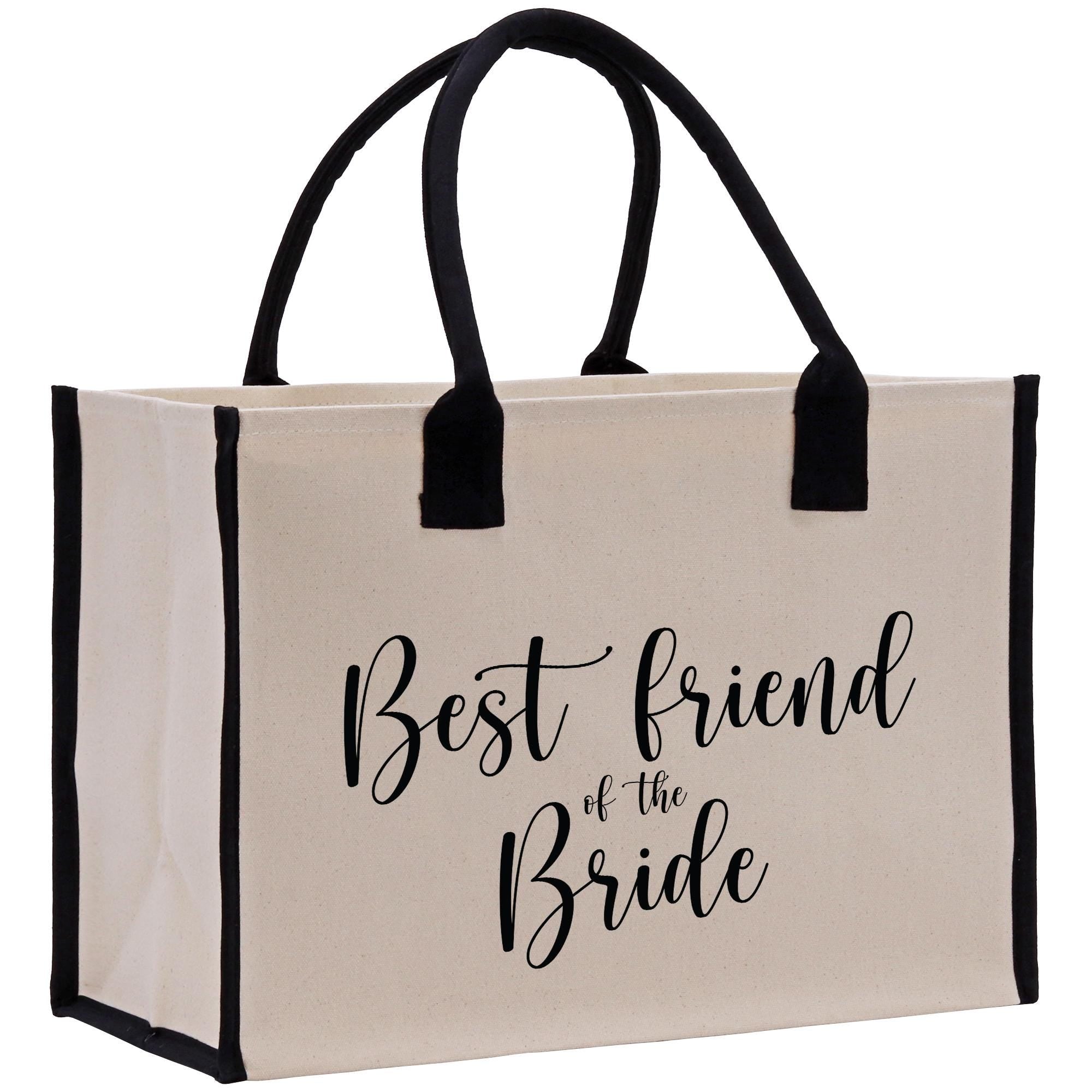 a canvas bag with the words best friend of the bride printed on it