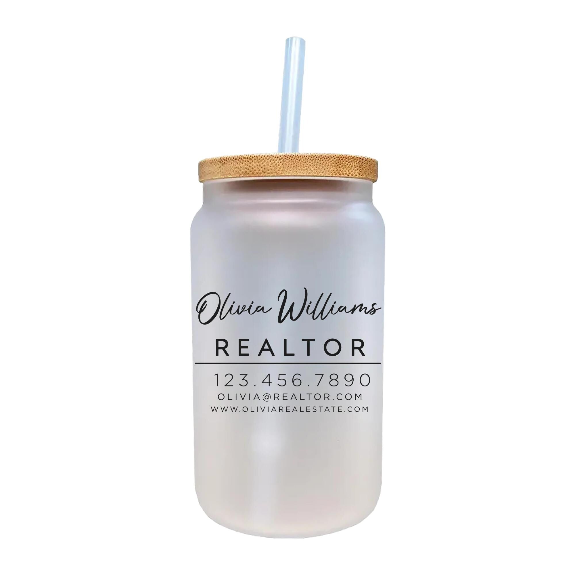 A frosted glass jar with a straw, featuring a business logo and contact information for a real estate agent named Olivia Williams.