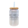 A frosted glass jar with a straw, featuring a business logo and contact information for a real estate agent named Olivia Williams.