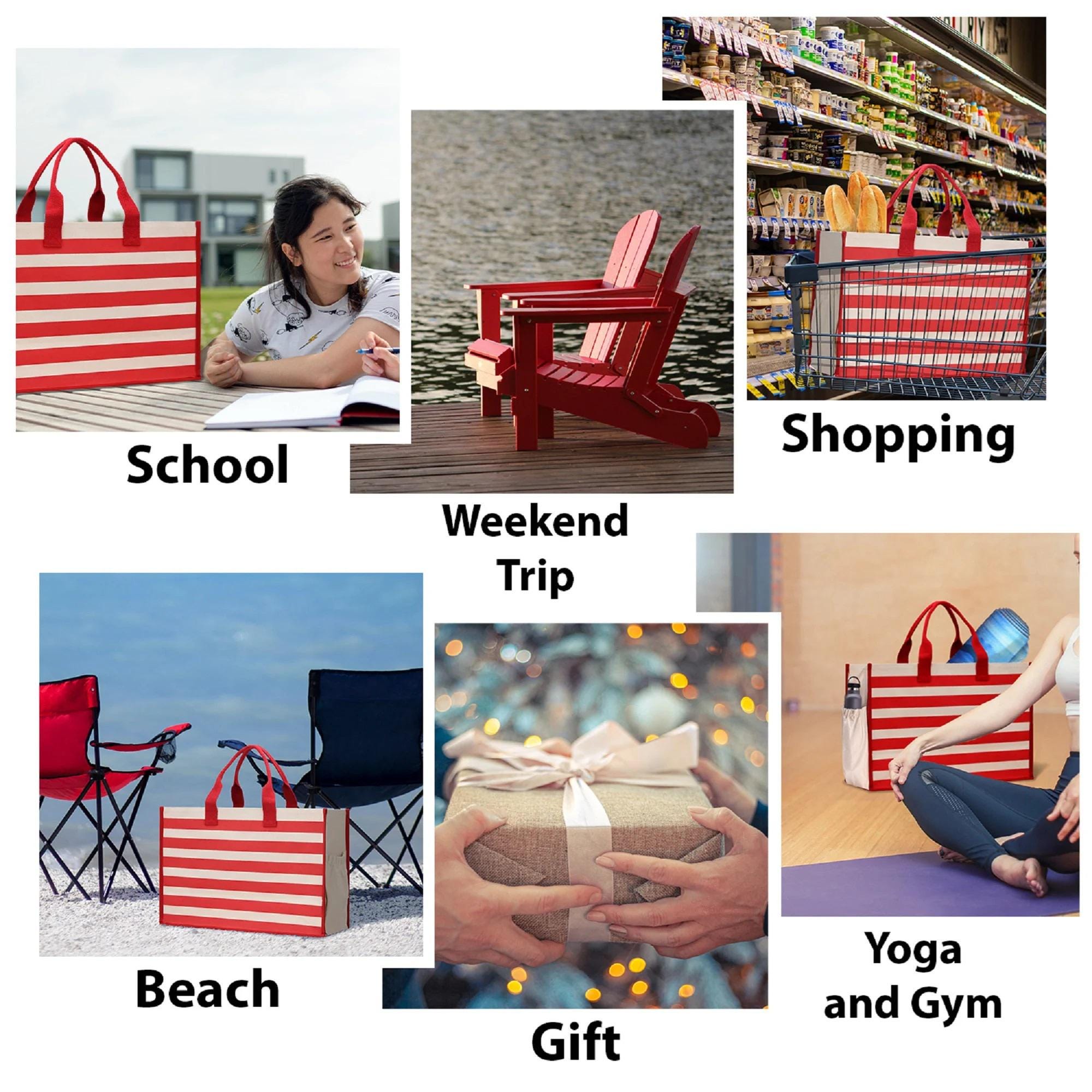 The image is a collage of six different scenes, each depicting a different activity or location, including a beach, gift, shopping, a trip, a school, and a yoga and gym setting.