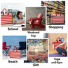 The image is a collage of six different scenes, each depicting a different activity or location, including a beach, gift, shopping, a trip, a school, and a yoga and gym setting.