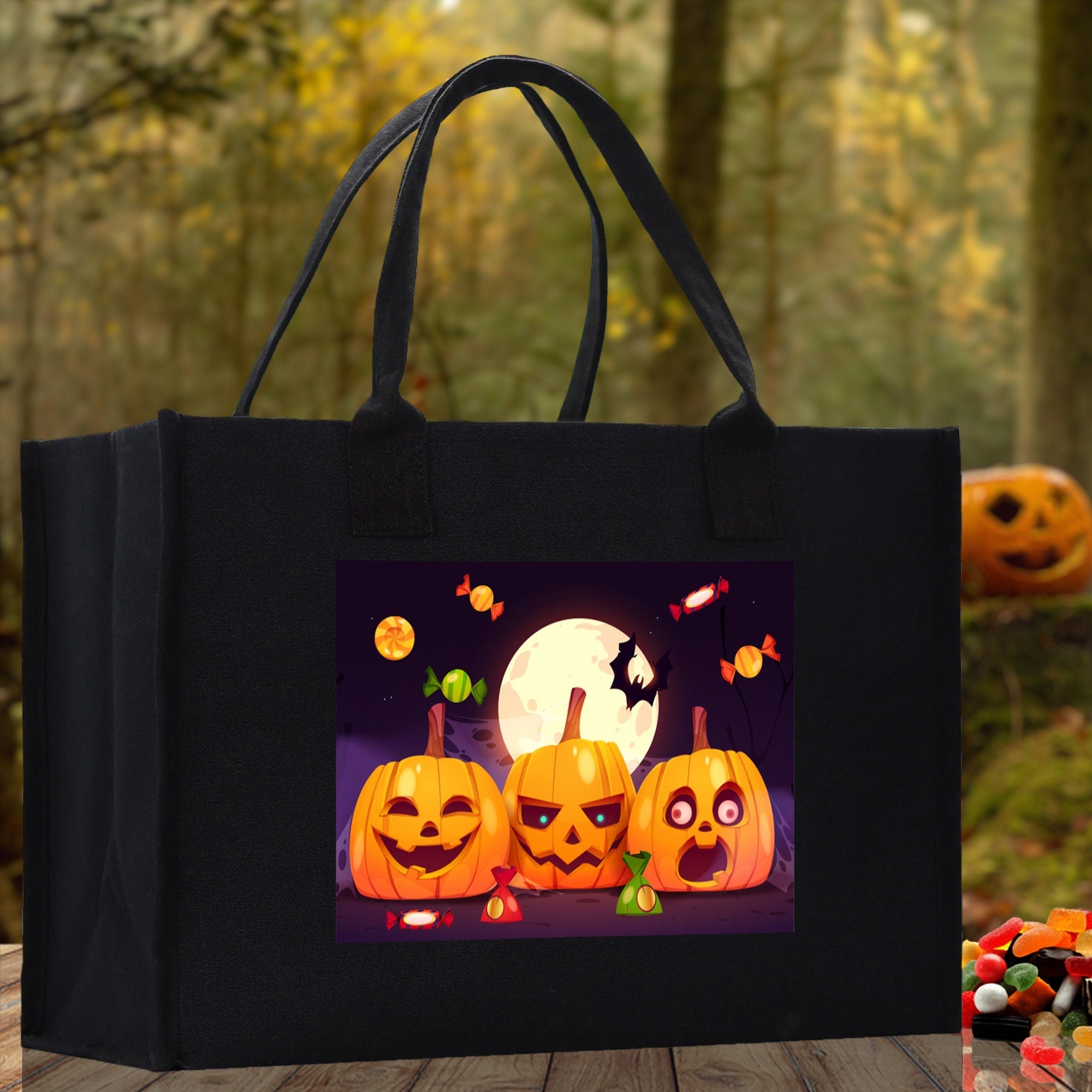 Halloween Trick or Treat Tote Bag Halloween Tote Bag for Kids Halloween Gift Halloween Candy Bag Halloween Doodles Cute Canvas Tote Bag