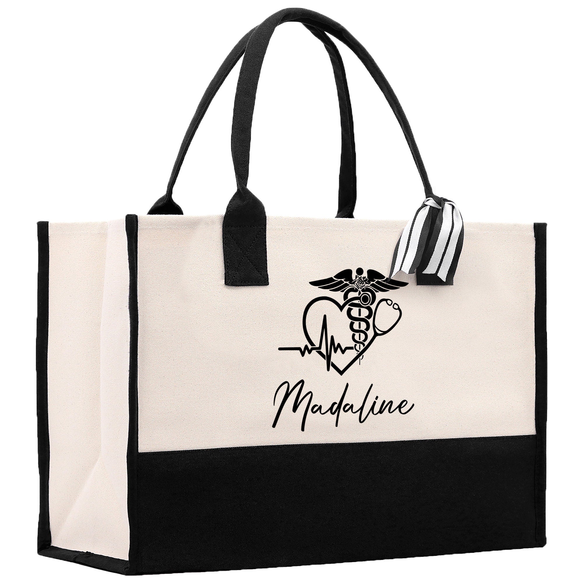 a black and white bag with a nurse&#39;s heart on it