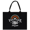 a black tote bag with a vintage logo