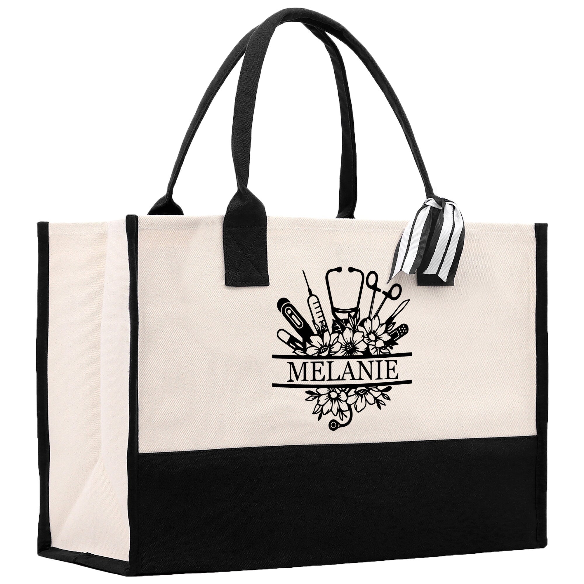 a black and white tote bag with a black handle