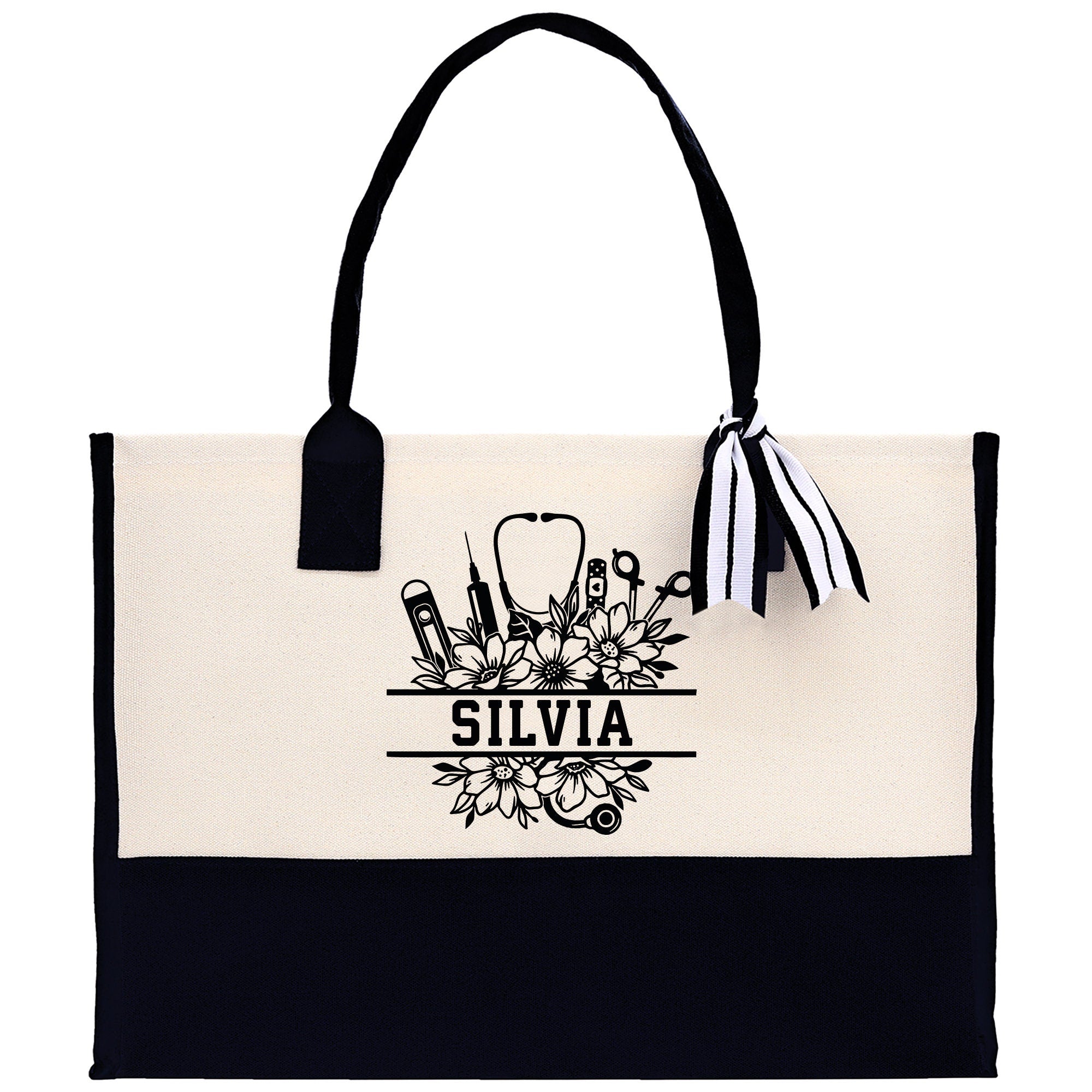 a black and white bag with a black handle