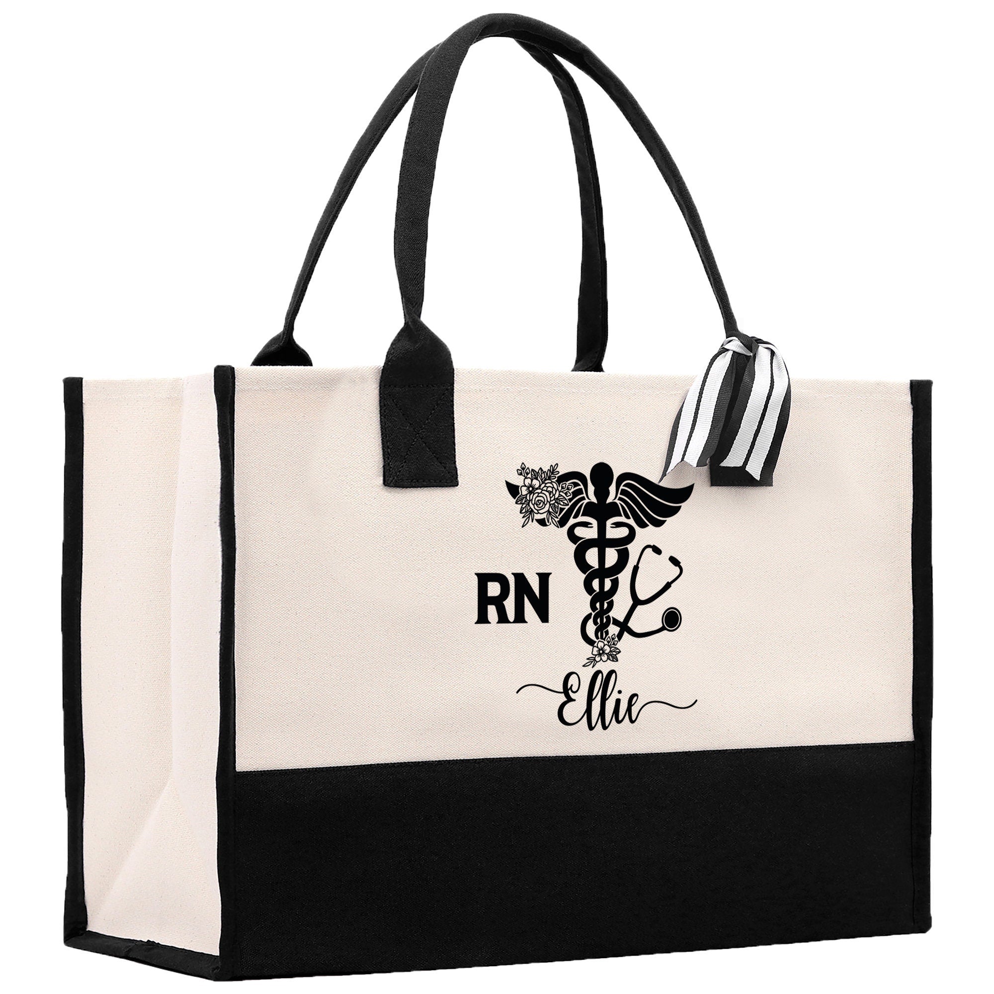 a black and white tote bag with a nurse&#39;s stethoscope