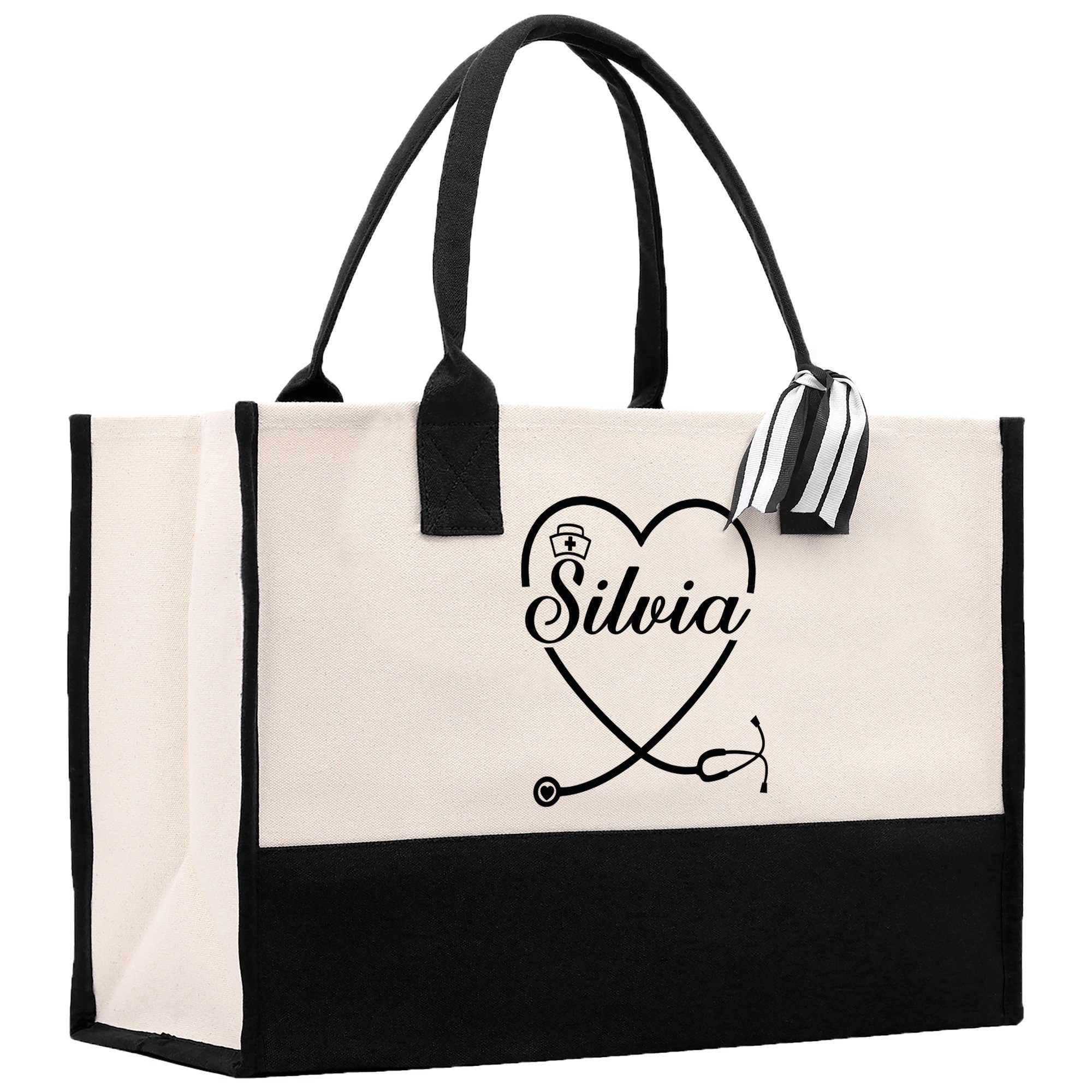 a black and white shopping bag with a stevia logo